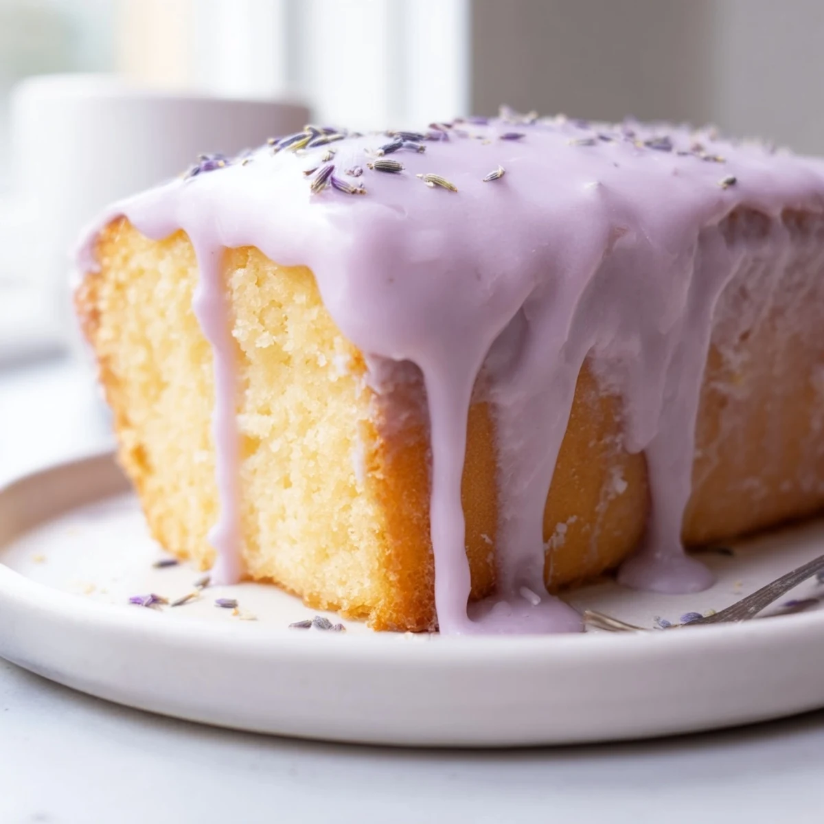 Thick lavender glaze dripping down the sides of a frosted bundt cake