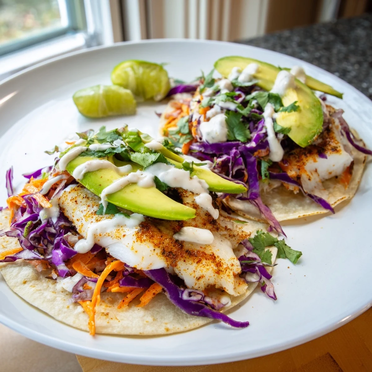 Crispy spiced tilapia fish tacos nestled in warm tortillas with fresh avocado slices