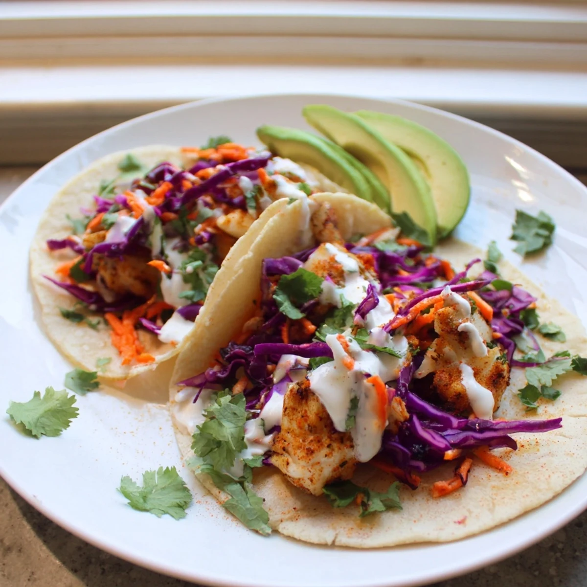 Golden seasoned tilapia fish tacos topped with crunchy cabbage slaw and creamy lime crema