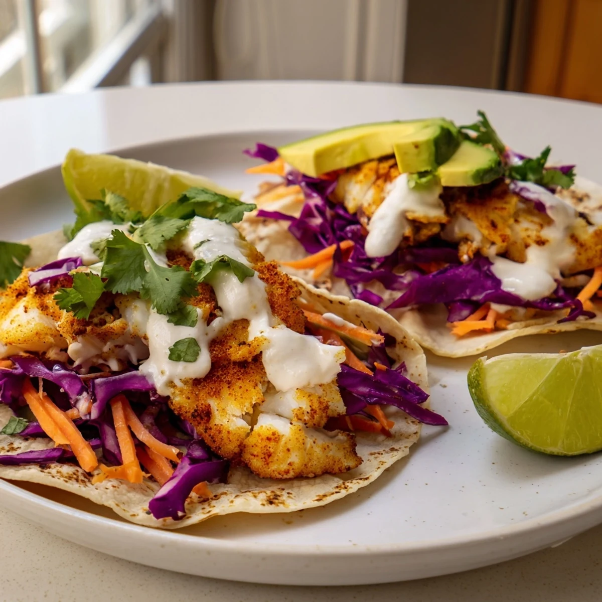 Flaky tilapia fish tacos drizzled with zesty crema and garnished with cilantro and lime