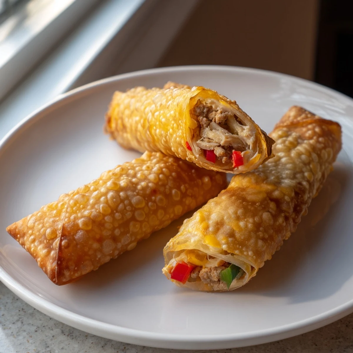 Golden crispy voodoo egg rolls stacked on a platter with spicy dipping sauce