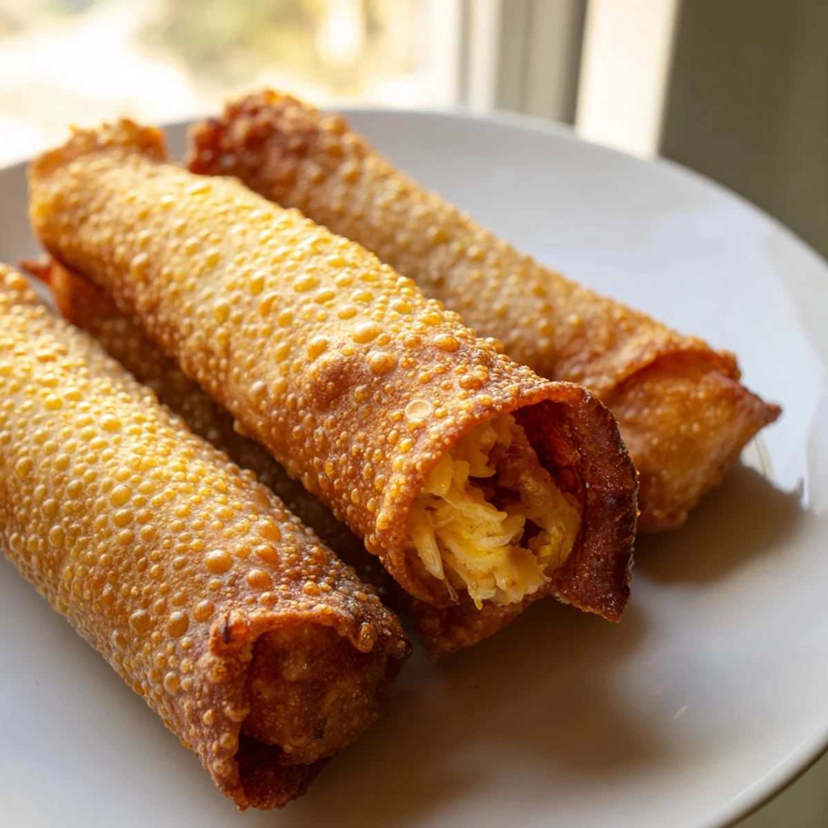 Close-up of voodoo egg rolls revealing smoky Cajun filling and crunchy wrapper texture