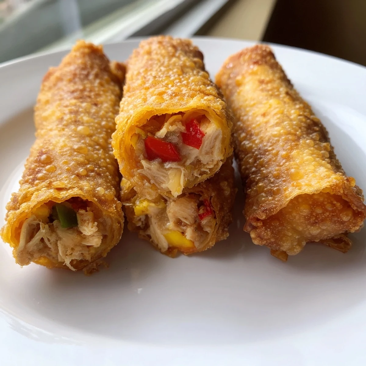Plate of voodoo egg rolls served with remoulade and fresh pepper garnish