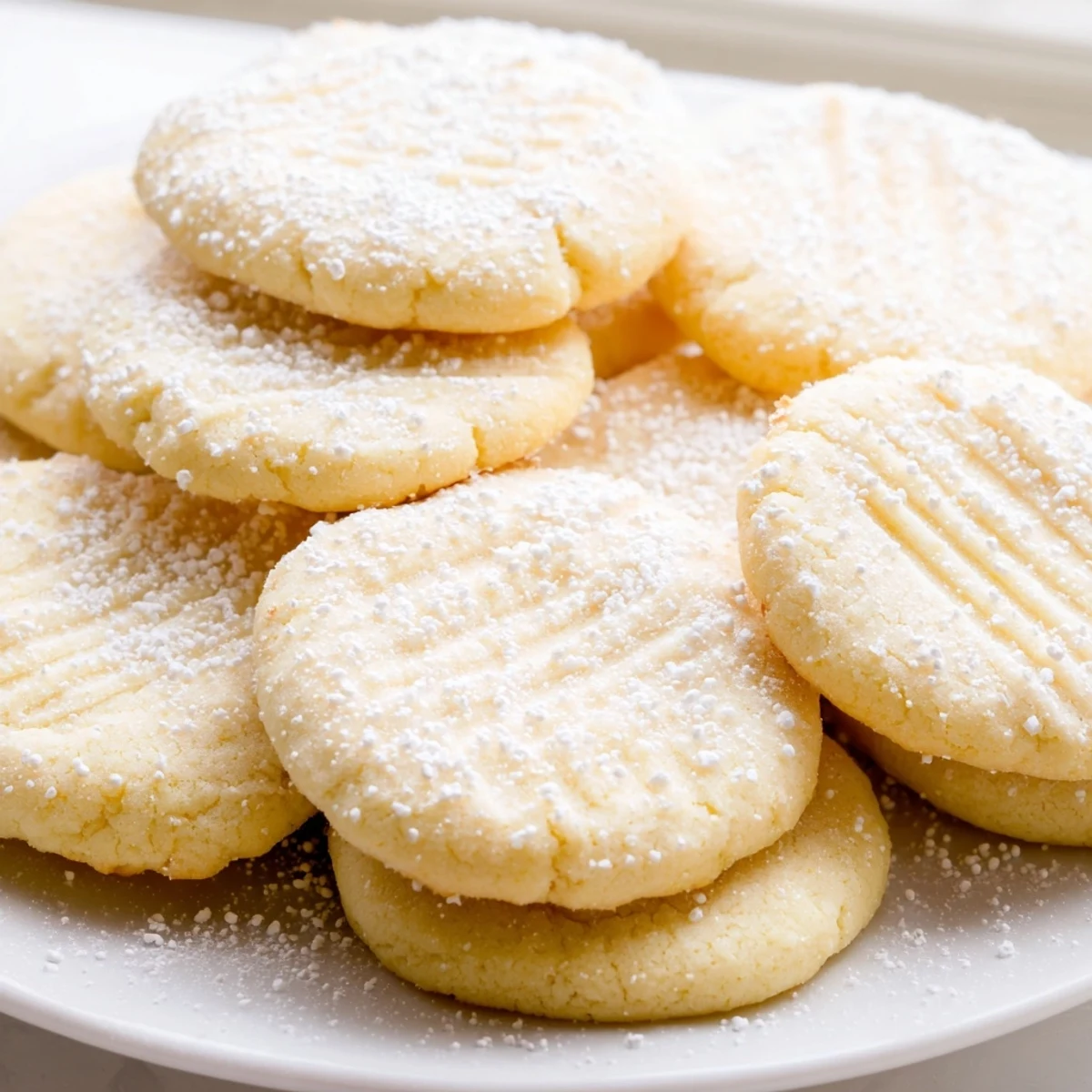 A plate of warm Grandma's Secret Butter Cookies beside a steaming cup of tea