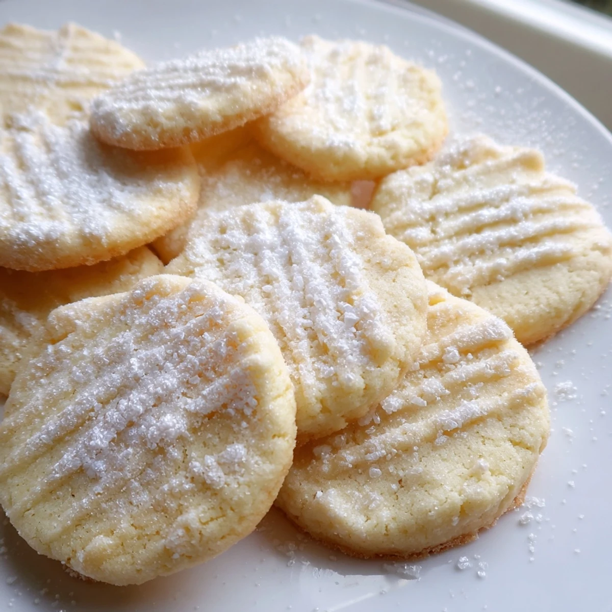 Golden Grandma's Secret Butter Cookies dusted with powdered sugar on a rustic wooden board