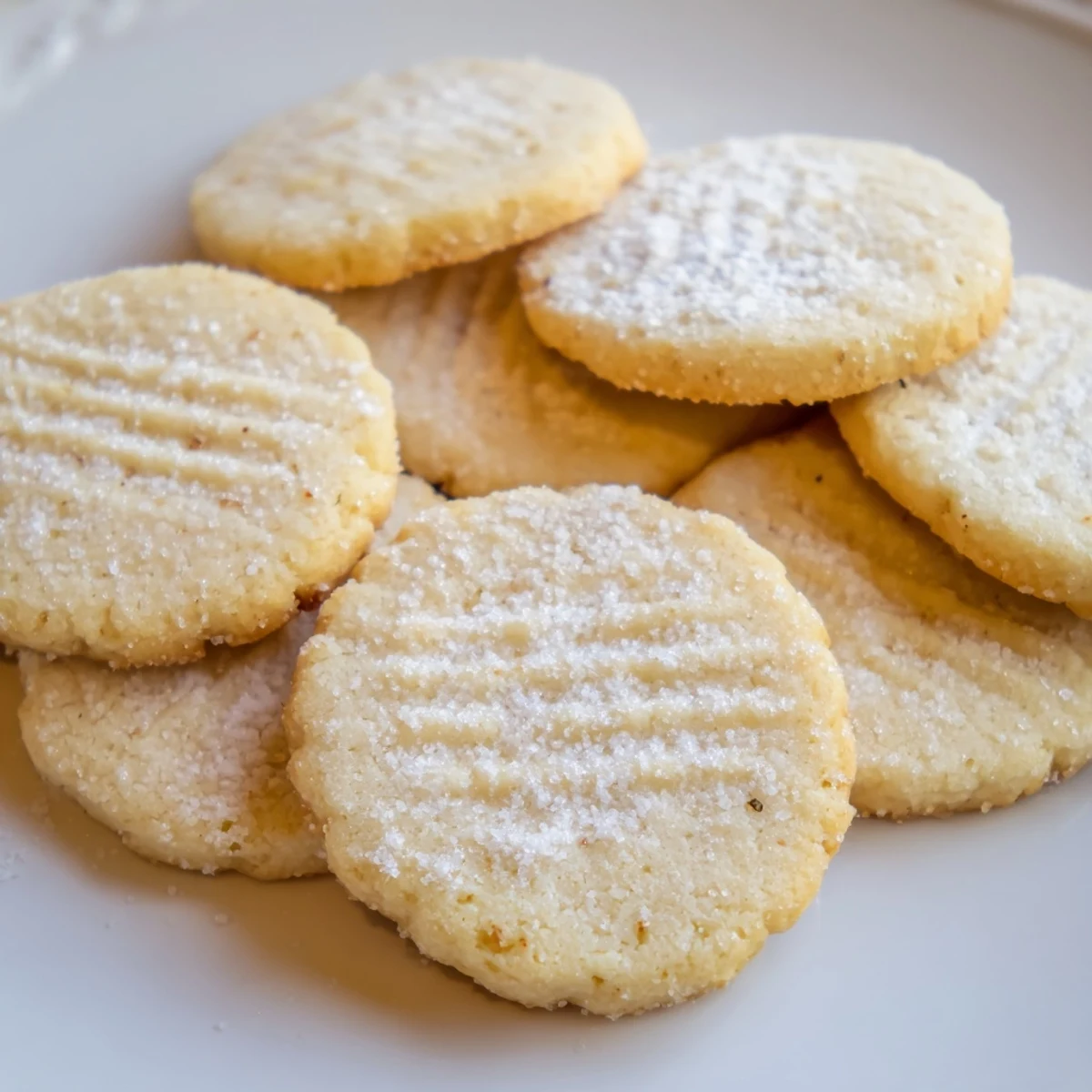 Crispy-edged Grandma's Secret Butter Cookies stacked on a cooling rack with golden bottoms