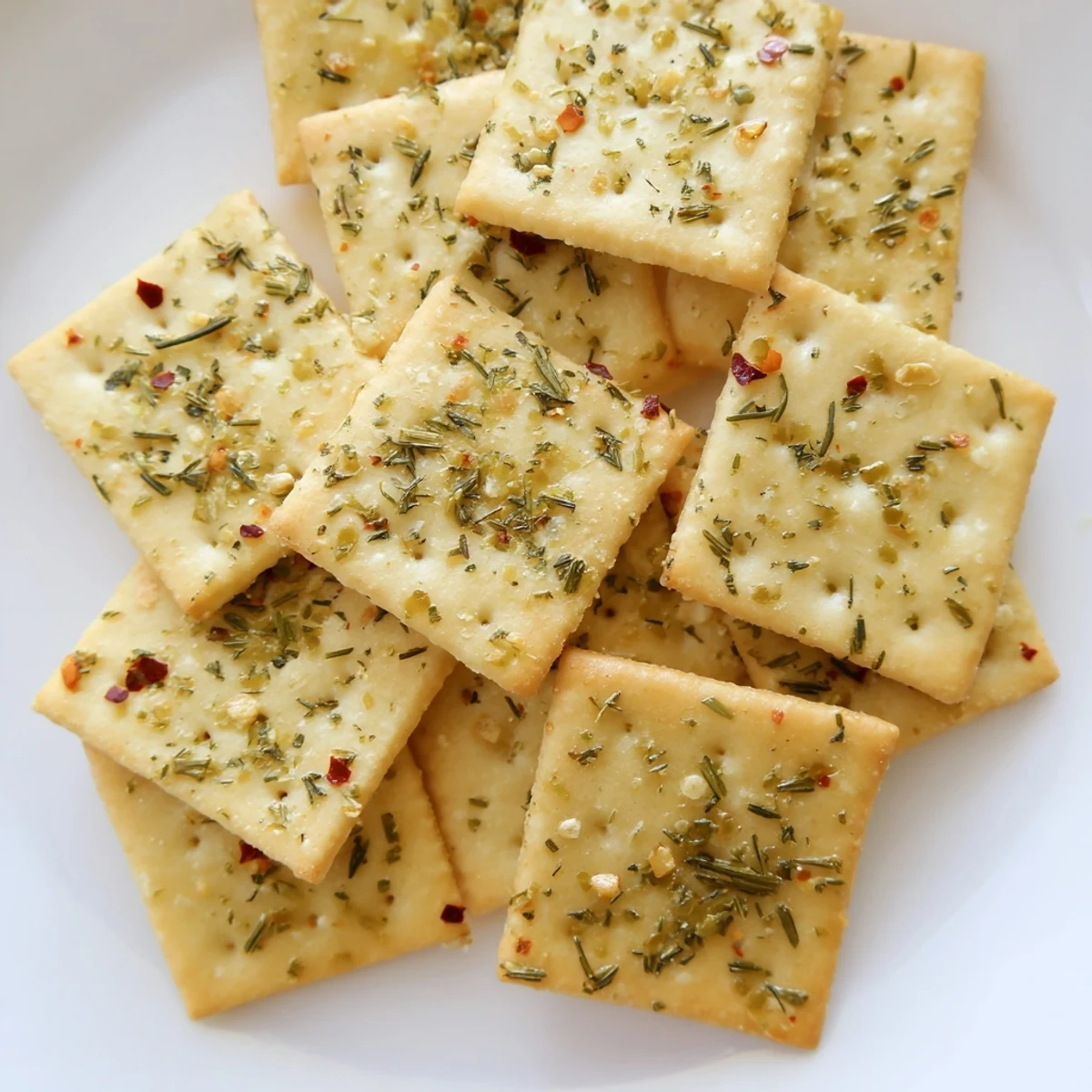 Crispy golden dill pickle saltines coated in a buttery herb seasoning baked on a tray
