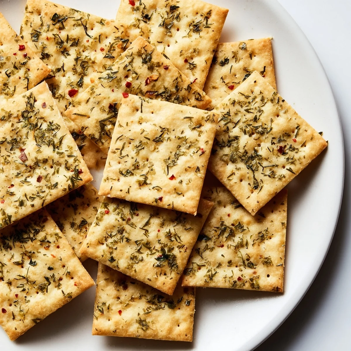 Tangy dill pickle saltines brushed with garlic butter and scattered with fresh green herbs
