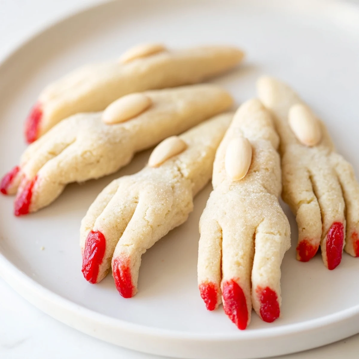 Creepy Witch Finger Cookies with bloody almond nails on a rustic Halloween platter