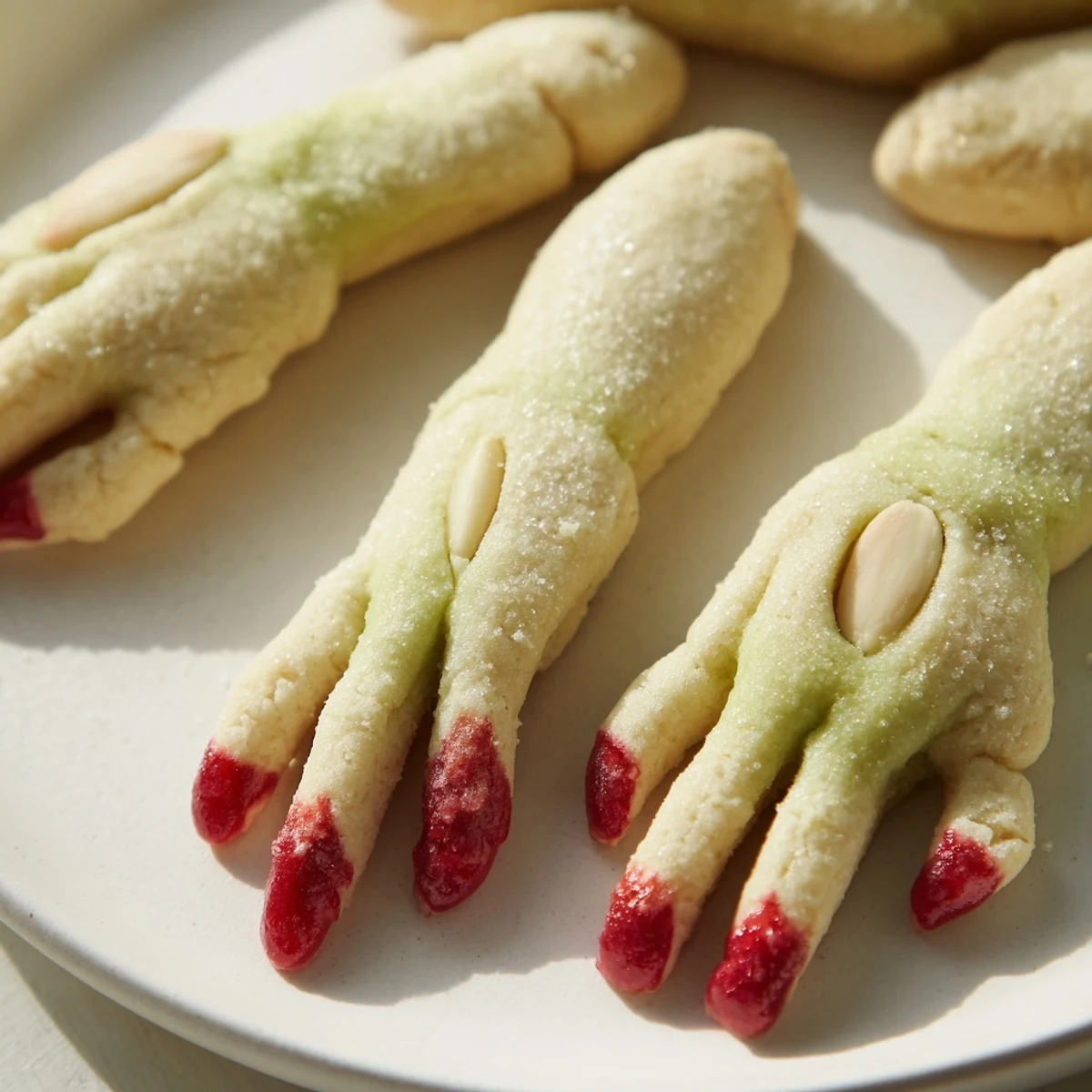 Golden creepy Witch Finger Cookies arranged on parchment showing knuckle details and red jam