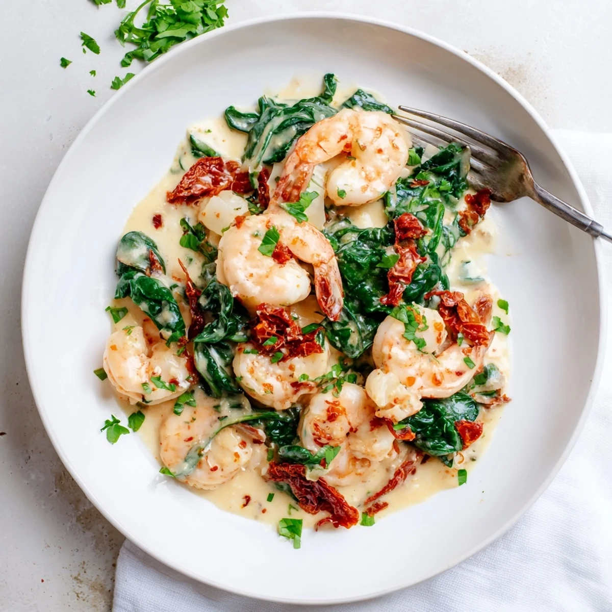 Golden seared shrimp nestled in a rich garlic Parmesan creamy Tuscan sauce with wilted spinach