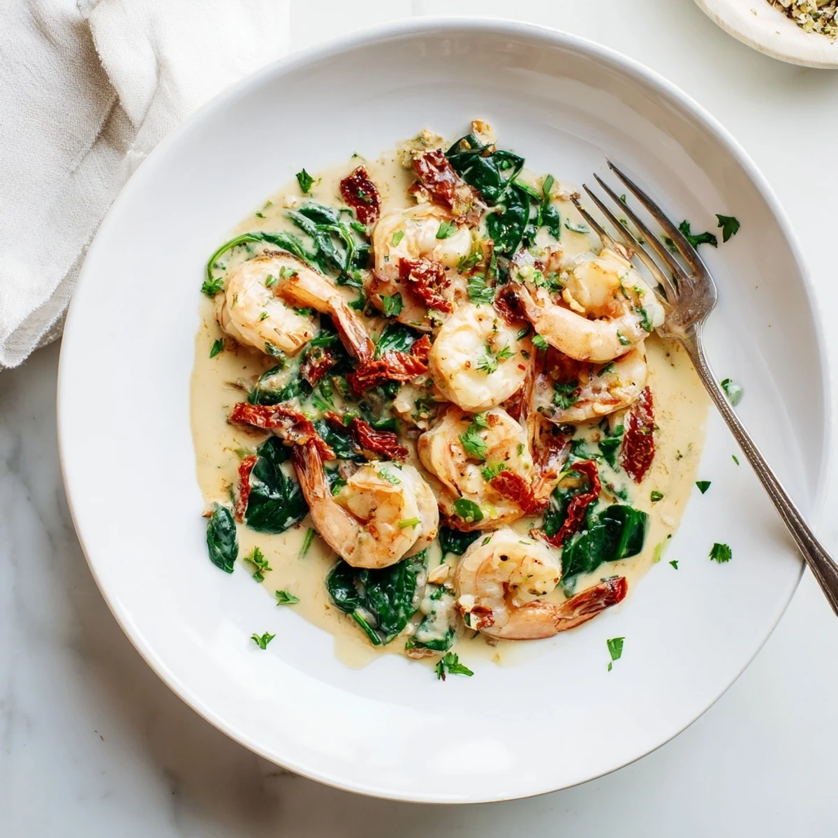 Keto creamy Tuscan shrimp plated over zucchini noodles with sun-dried tomatoes and fresh parsley