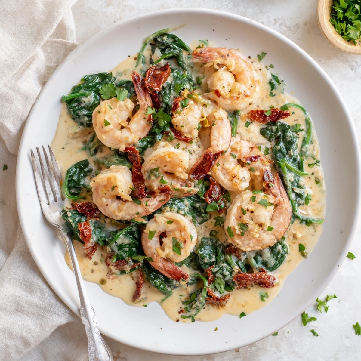 A skillet of keto creamy Tuscan shrimp simmering in a thick white wine Parmesan sauce