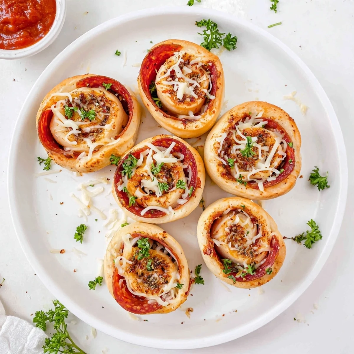 Gooey pepperoni pizza roll breadsticks fresh from the oven with garlic butter tops