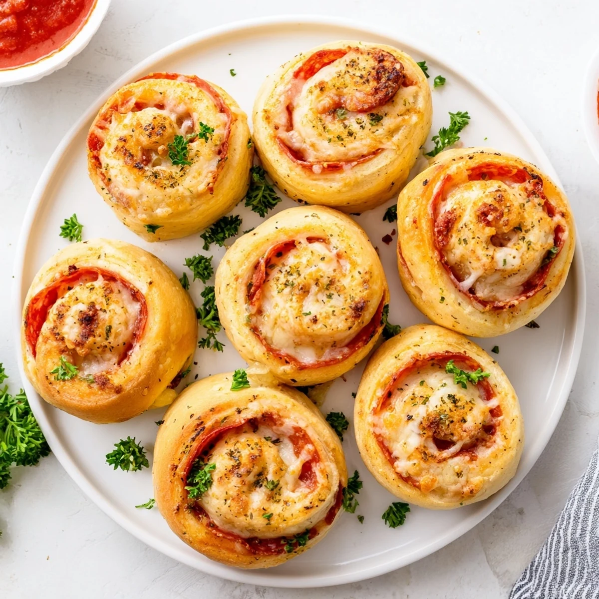 Golden pepperoni pizza roll breadsticks oozing melted mozzarella, served with warm marinara sauce