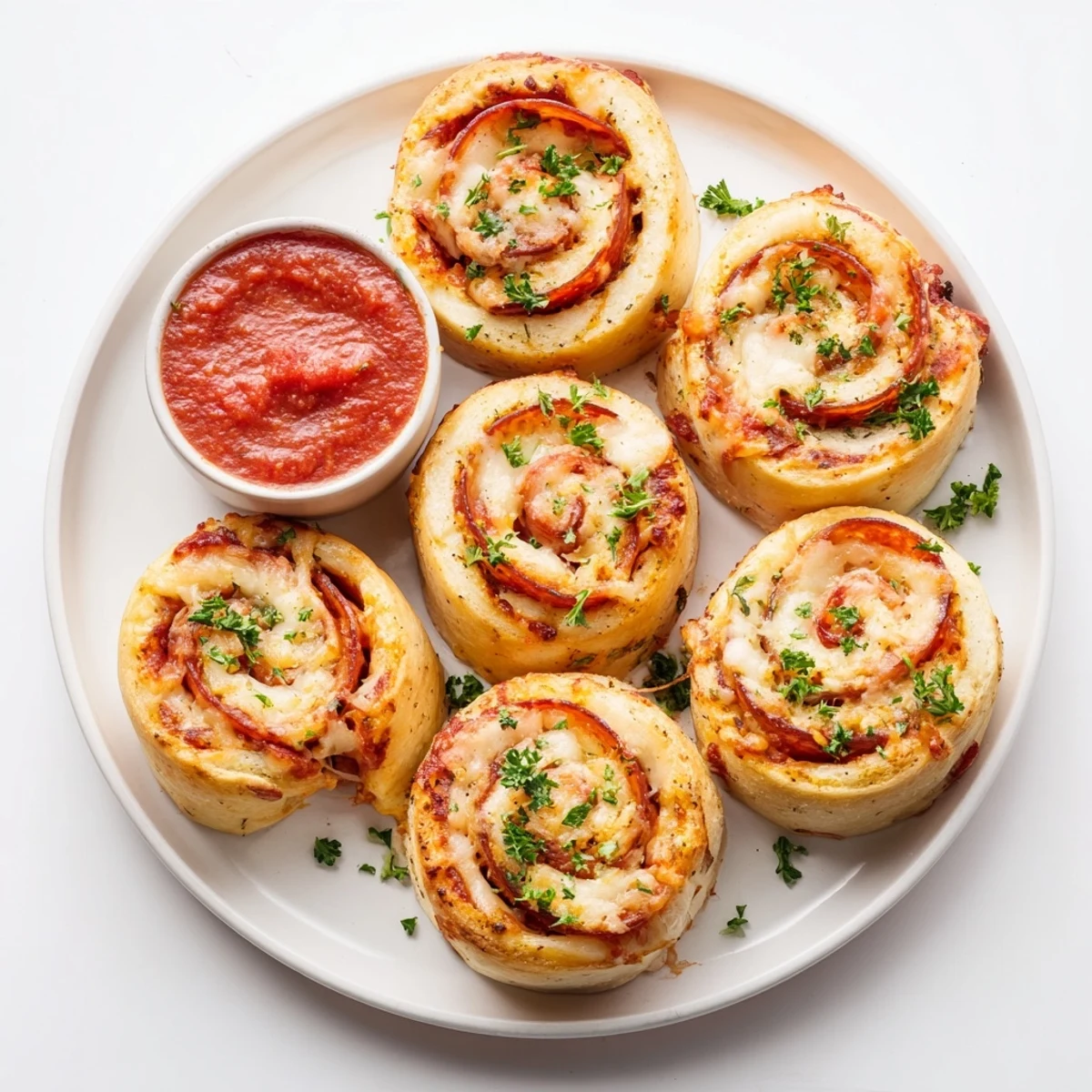 Spiral-cut pepperoni pizza roll breadsticks piled on a plate beside zesty marinara dipping sauce