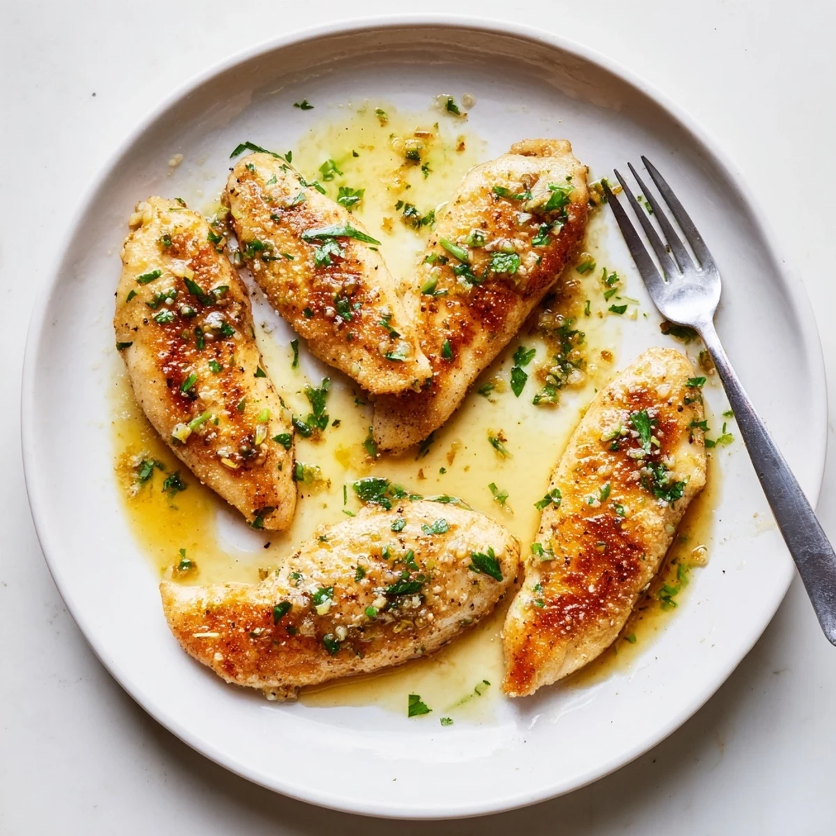 Golden pan-seared lemon garlic butter chicken draped in a glossy citrus sauce