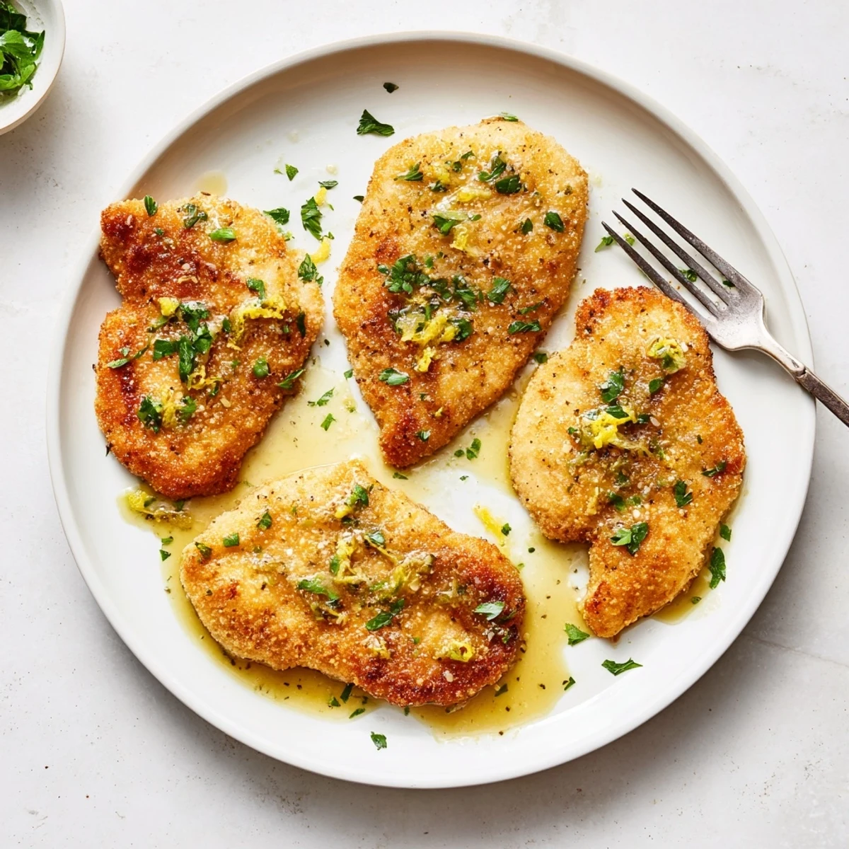 Tender lemon garlic butter chicken plated over rice with fresh parsley sprinkled on top