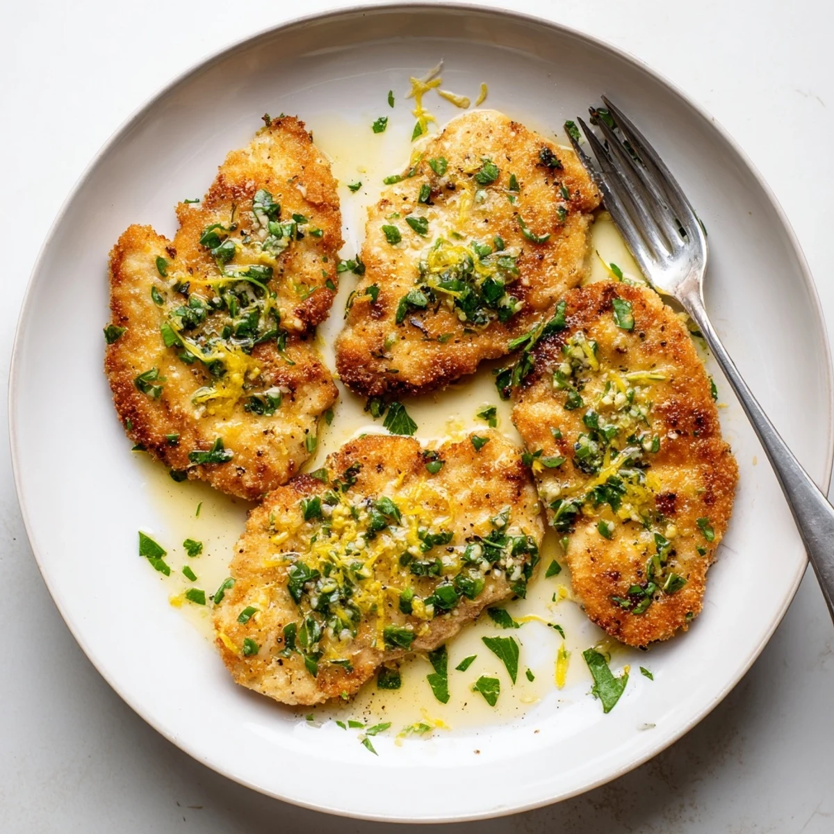 Sizzling skillet of lemon garlic butter chicken swimming in a bright garlic-lemon pan sauce