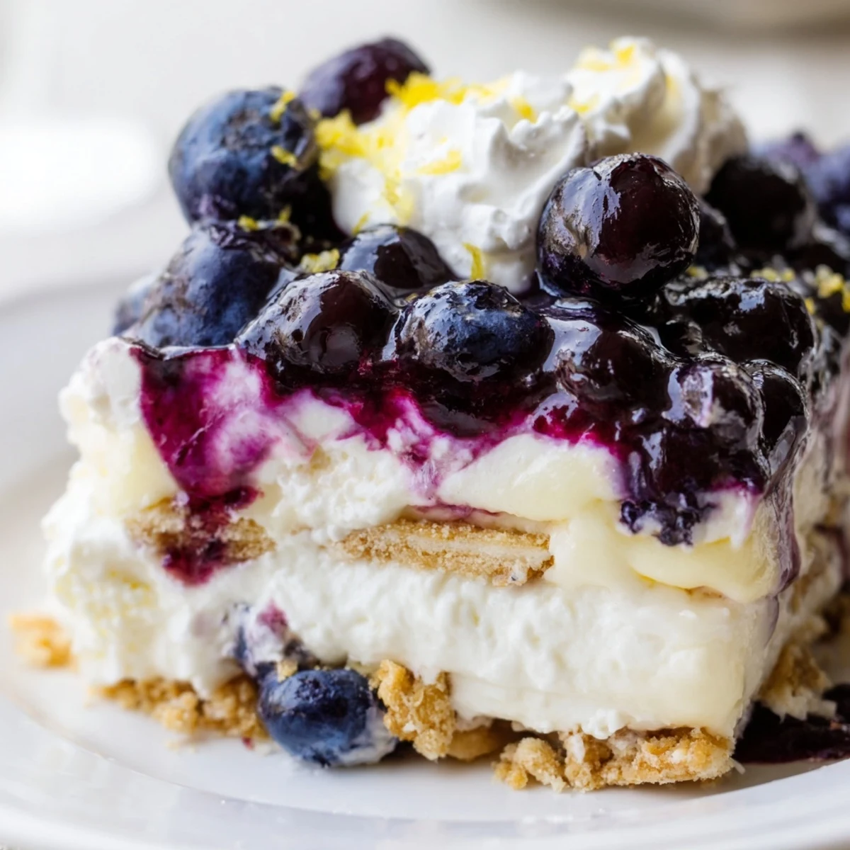 Lemon blueberry lasagna recipe with layers of creamy lemon filling and blueberry sauce