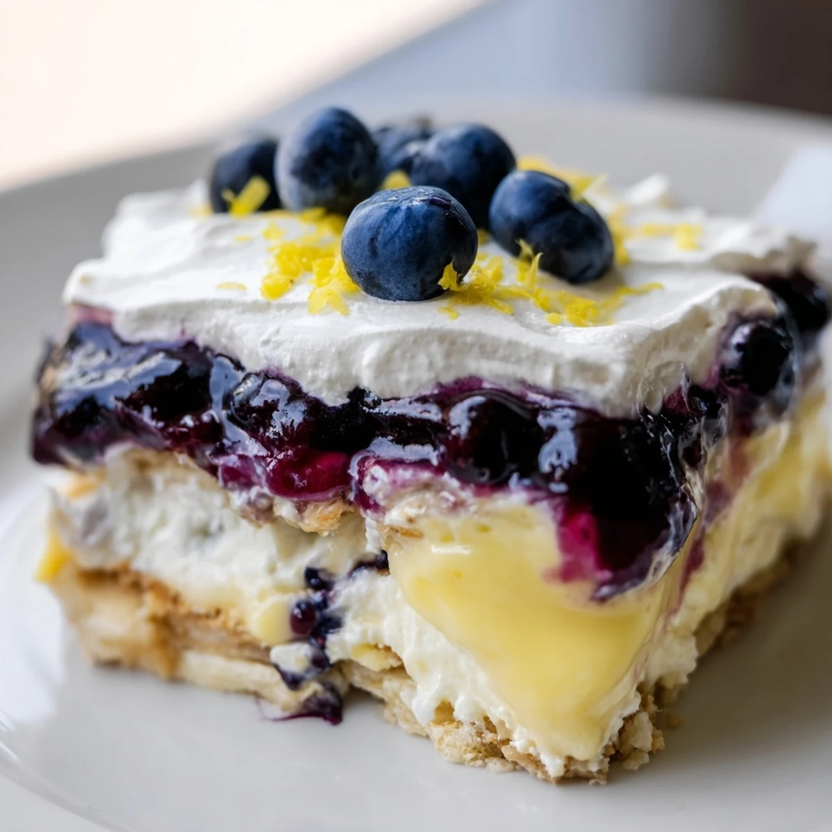 No-bake lemon blueberry lasagna recipe sliced to reveal purple berry and golden cream layers