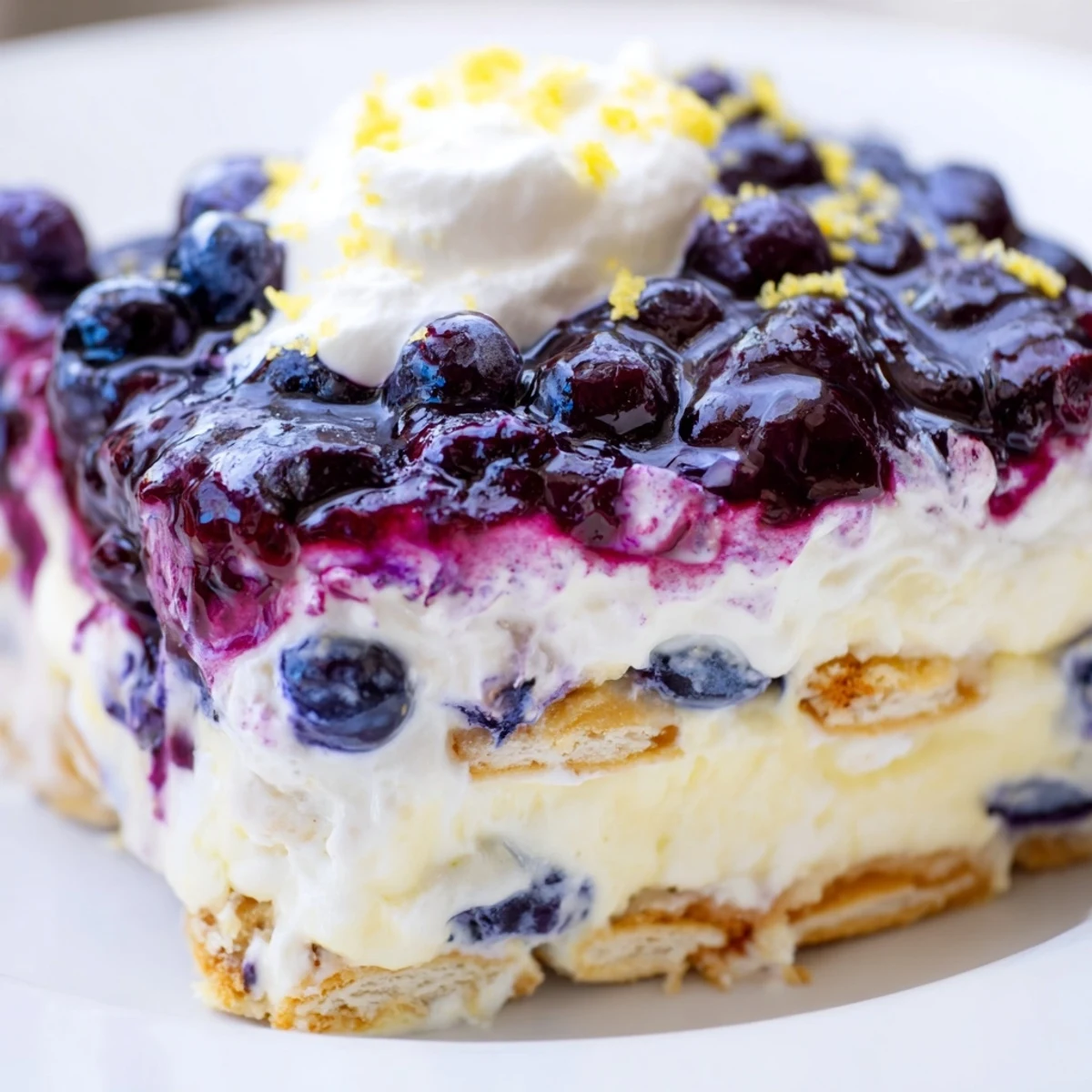 Lemon blueberry lasagna recipe topped with whipped cream, fresh berries, and bright lemon zest