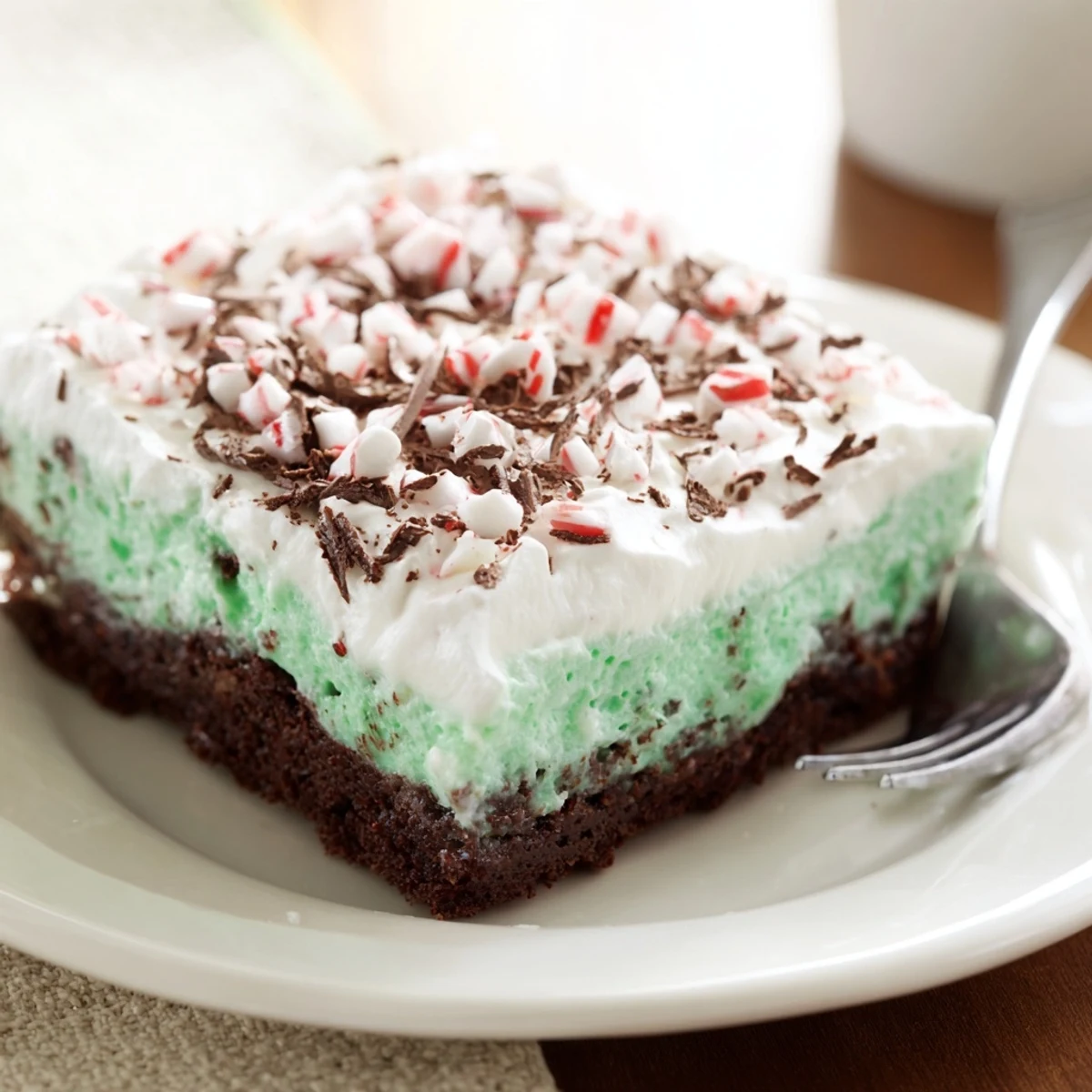 Peppermint Poke Cake sliced on chilled platter, whipped topping and crushed candies