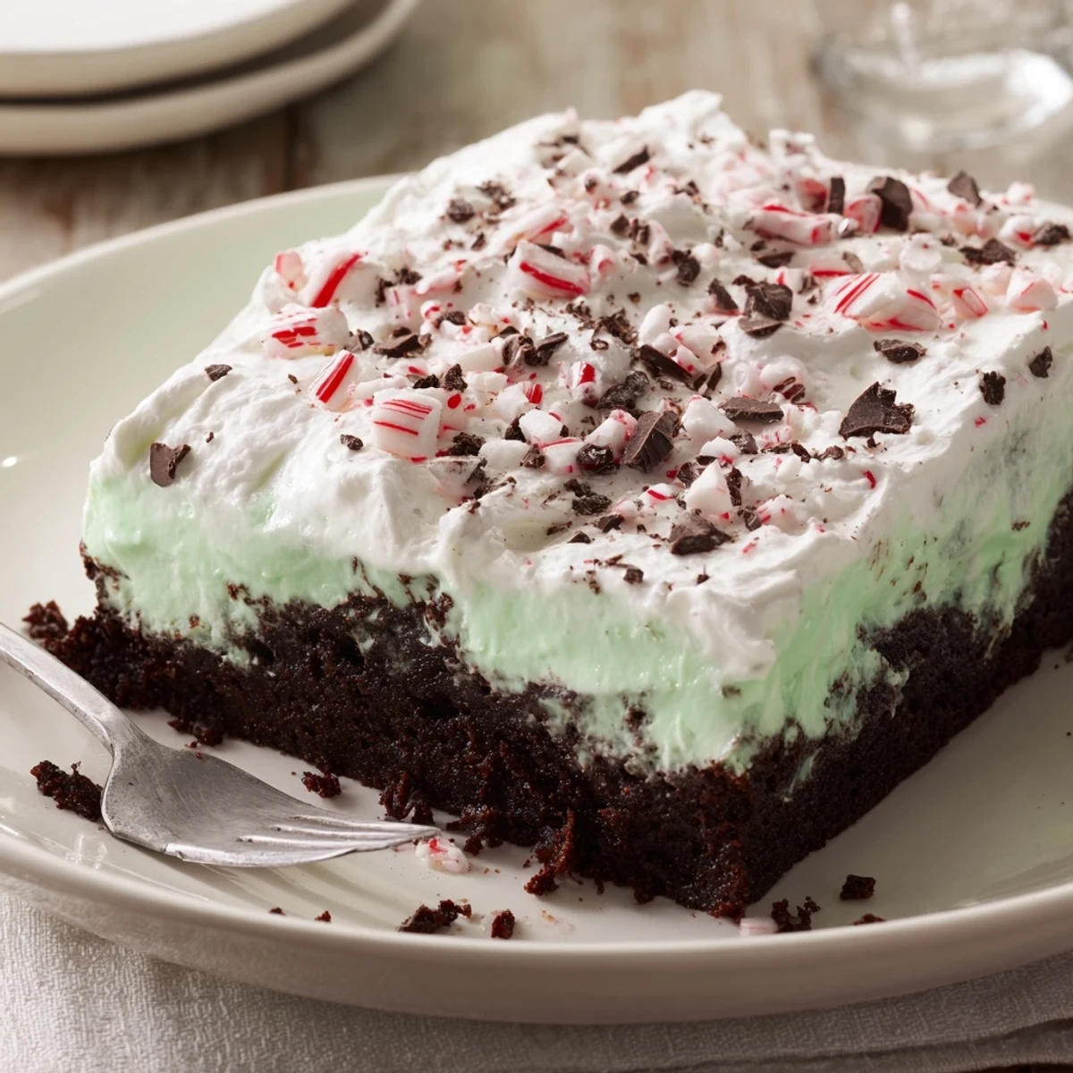Homemade Peppermint Poke Cake photographed after chilling, ready to slice and serve