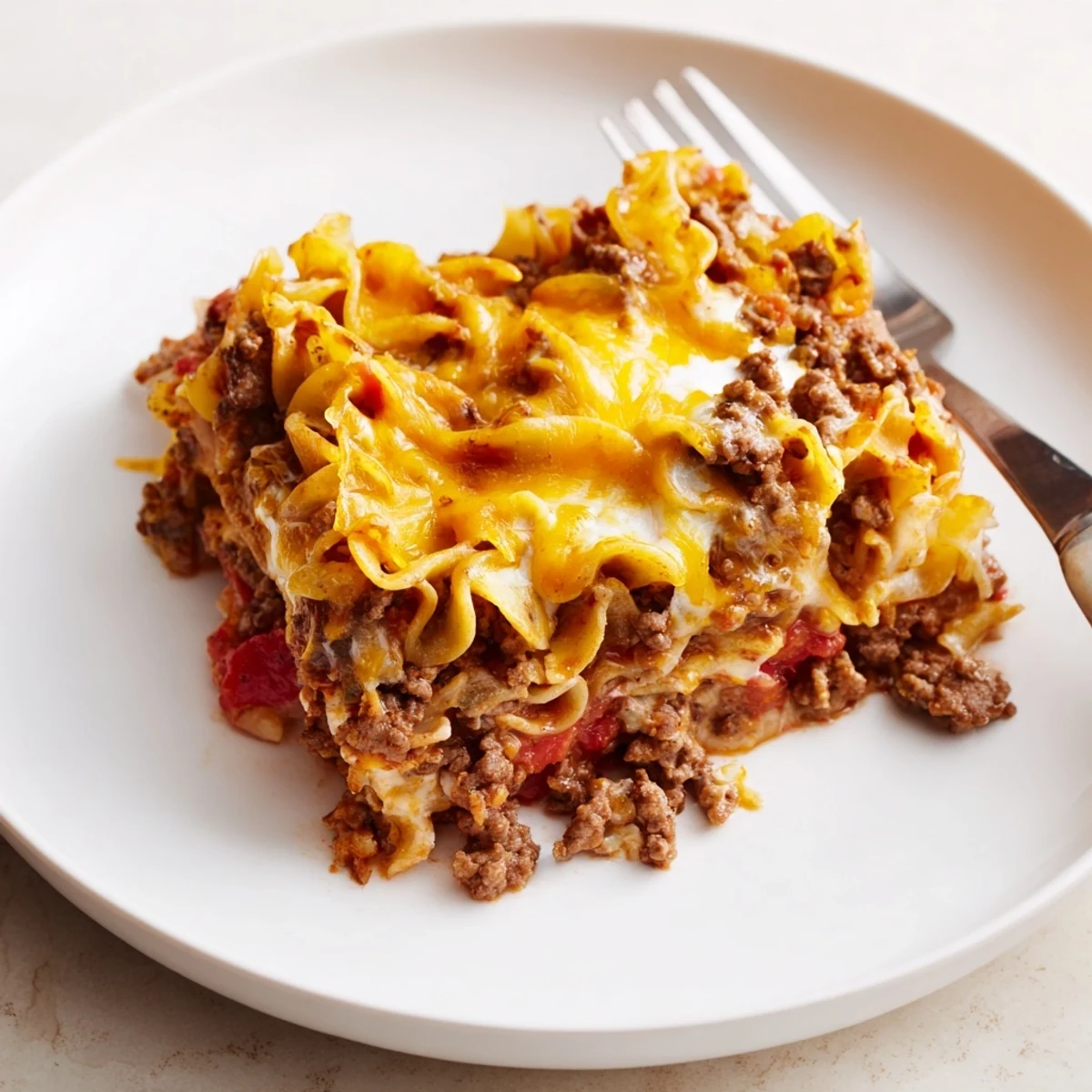 Beef Lombardi Casserole bubbling golden cheddar topping beside crusty bread