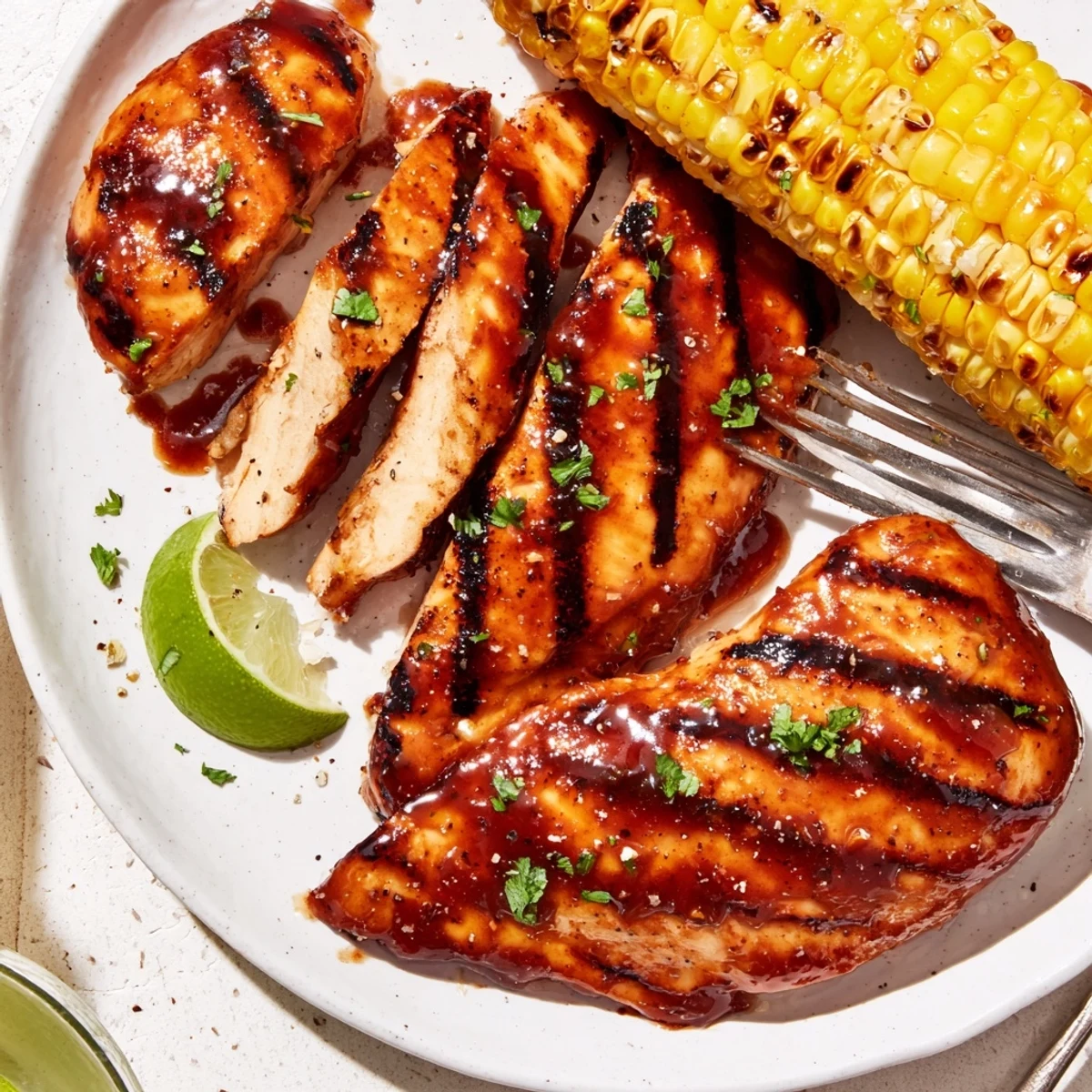 Grilled BBQ Chicken With Corn glistening with sauce beside buttered, charred cobs