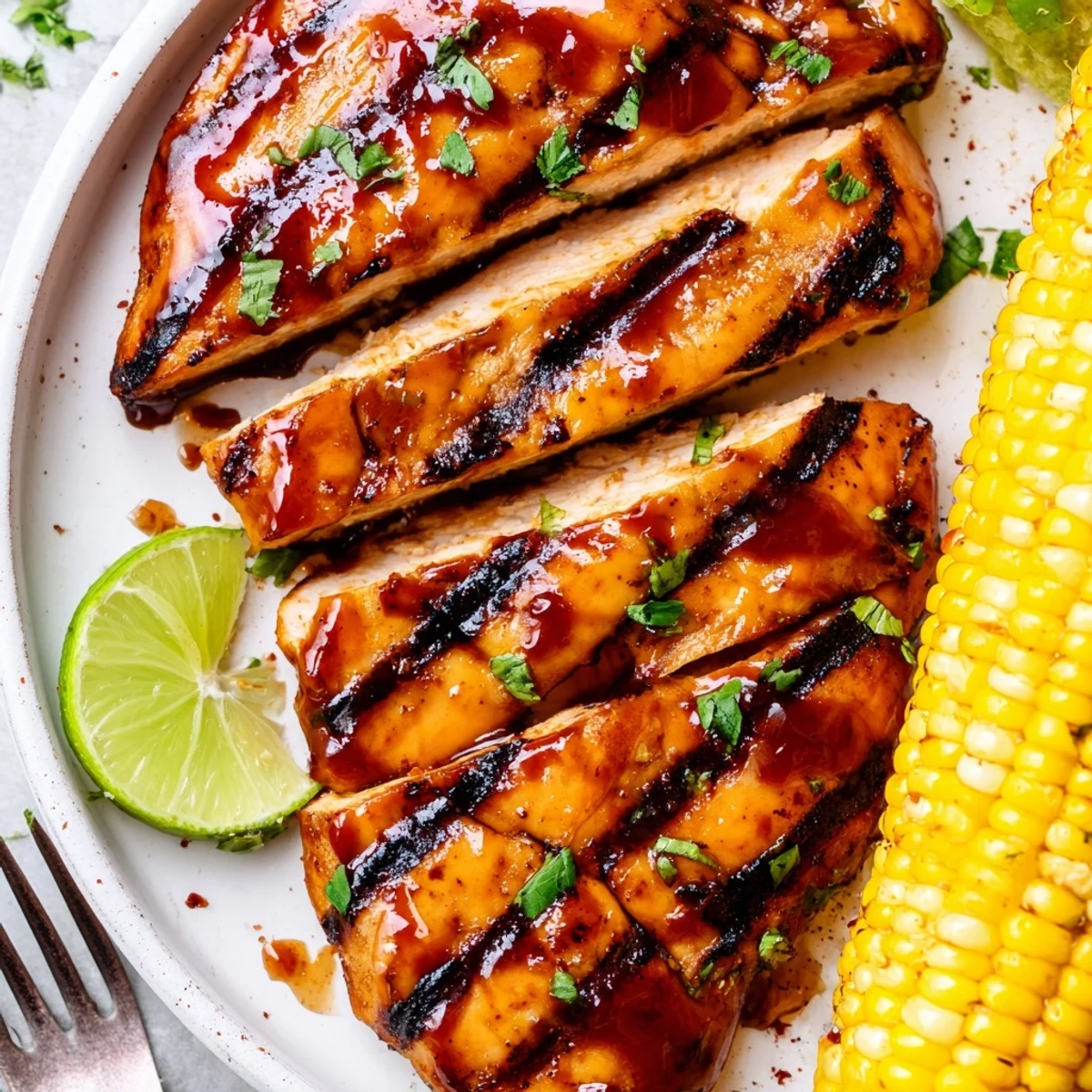 Plated BBQ Chicken With Corn, juicy breasts resting next to lime wedges