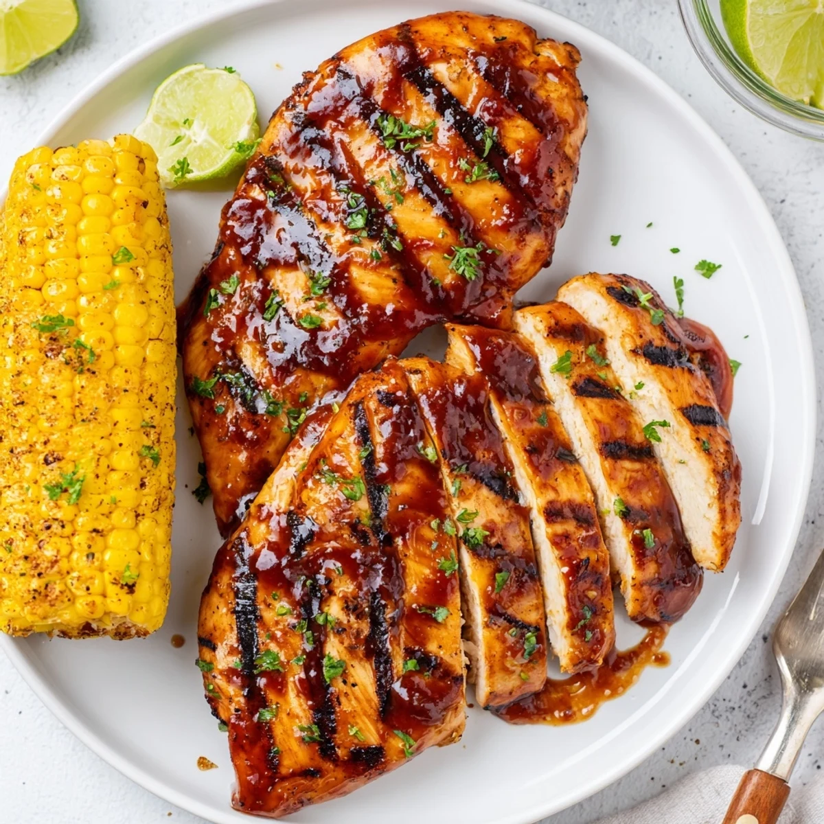 Summer BBQ Chicken With Corn on the grill, smoky aroma and golden kernels