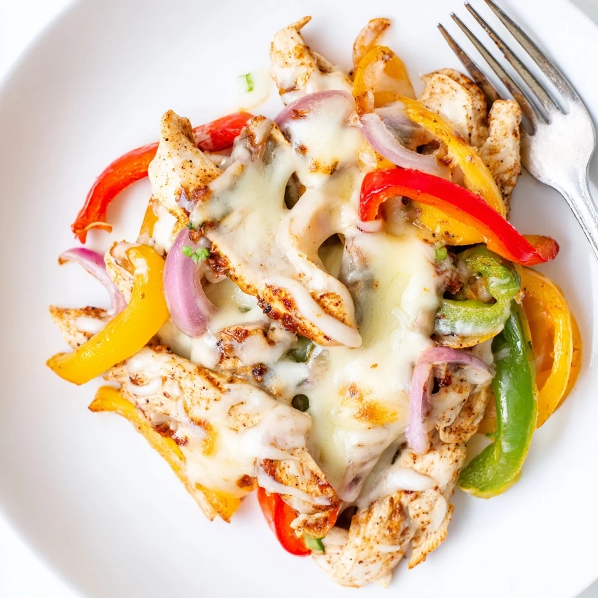 Cheesy Baja Chicken Bell Pepper Skillet steaming with melted cheese and cilantro