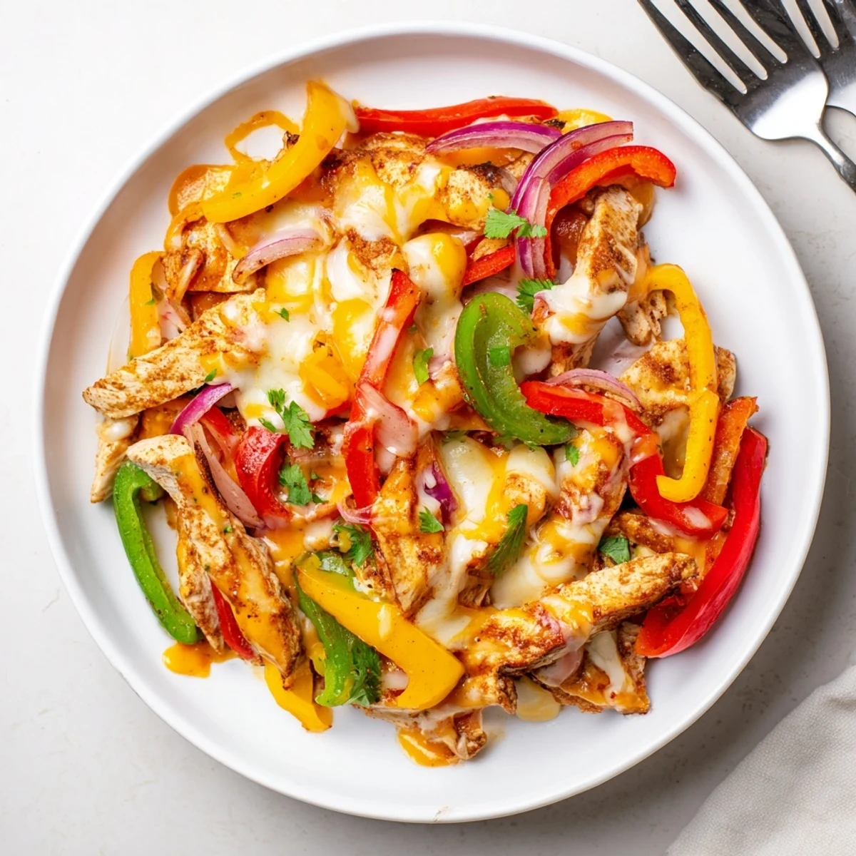 Sizzling Cheesy Baja Chicken Bell Pepper Skillet served with warm corn tortillas