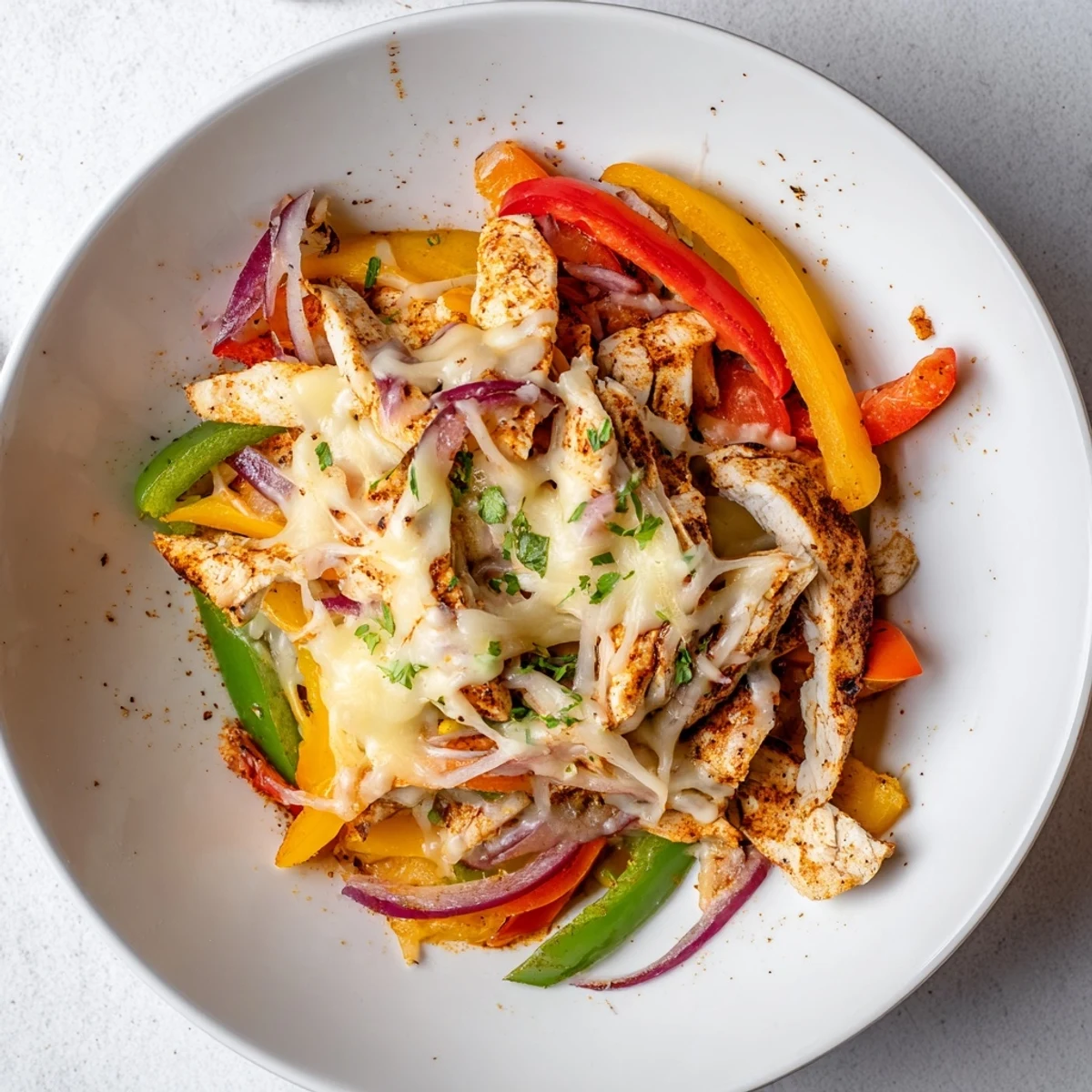 Bright peppers and juicy chicken top the Cheesy Baja Chicken Bell Pepper Skillet