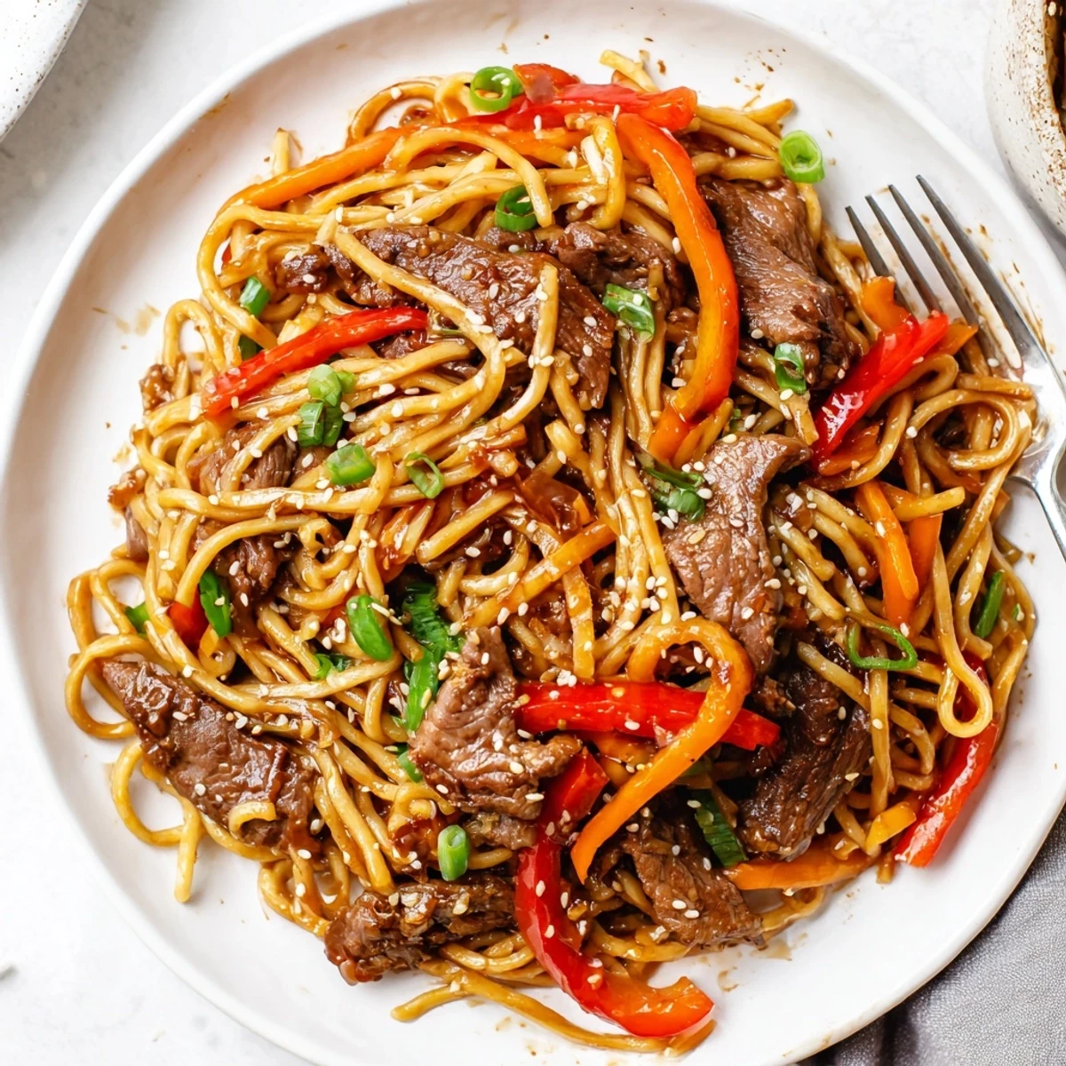 Sticky Beef Noodles glisten with glossy sauce, tender beef and bright scallions