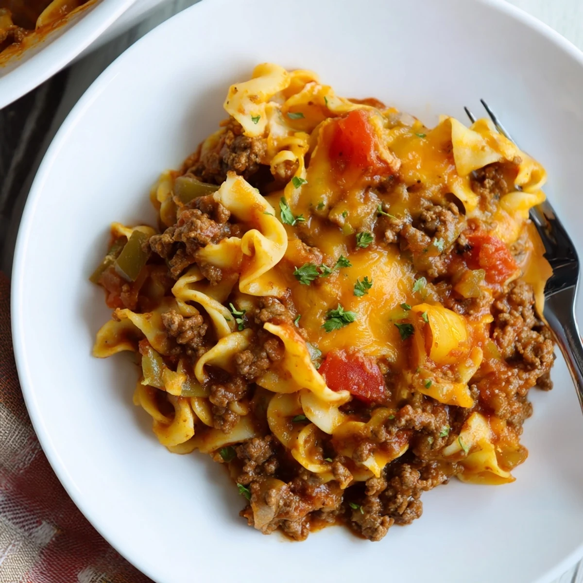 Hearty Beef Noodle Casserole bubbling with melted cheddar, fresh parsley garnish