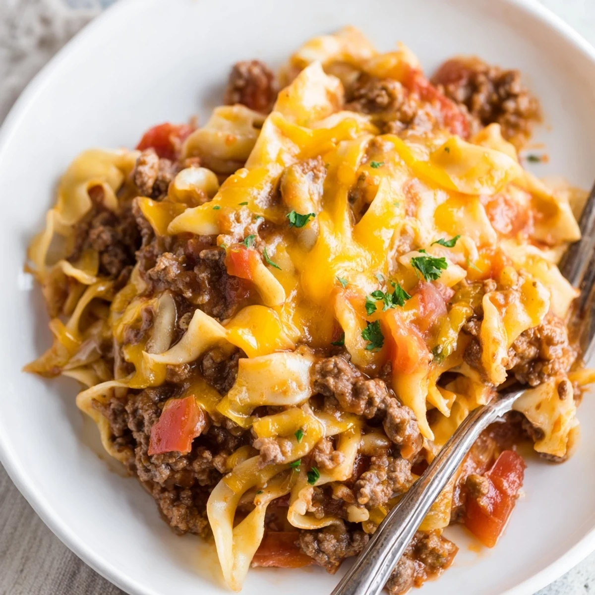 Comforting Beef Noodle Casserole with tender beef, saucy noodles, golden cheese
