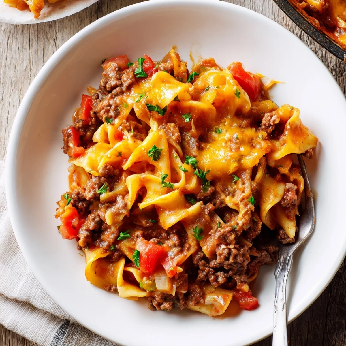 Warm Beef Noodle Casserole served from a baking dish, steam rising