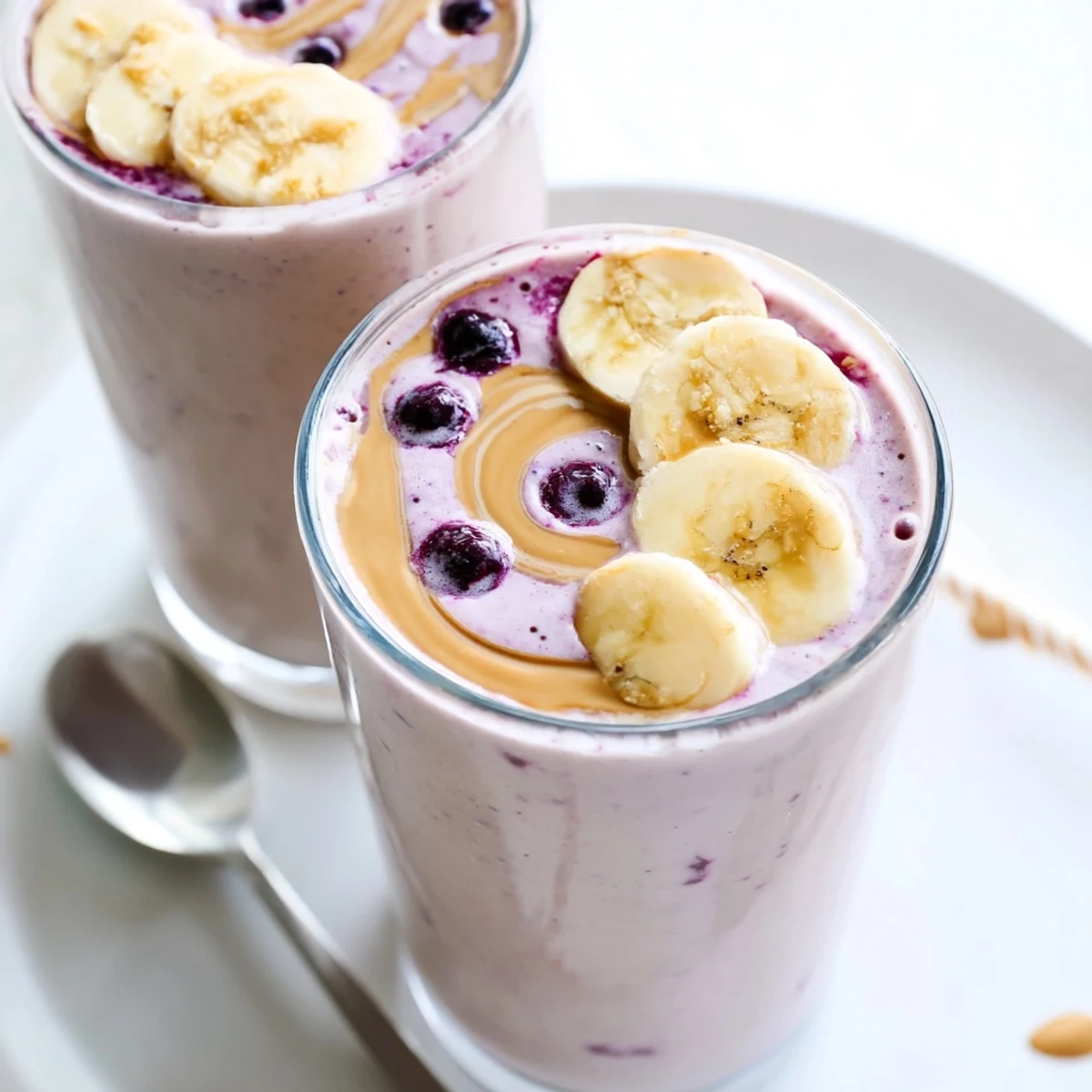 Two tall glasses hold a creamy High Protein Smoothie with banana and berries