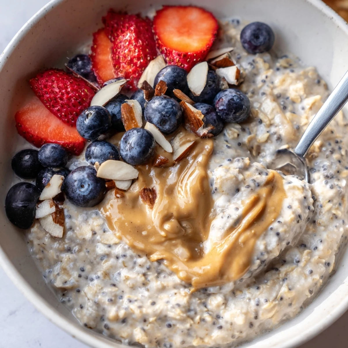 Creamy Protein Overnight Oats stirred smooth with vanilla, ready to eat