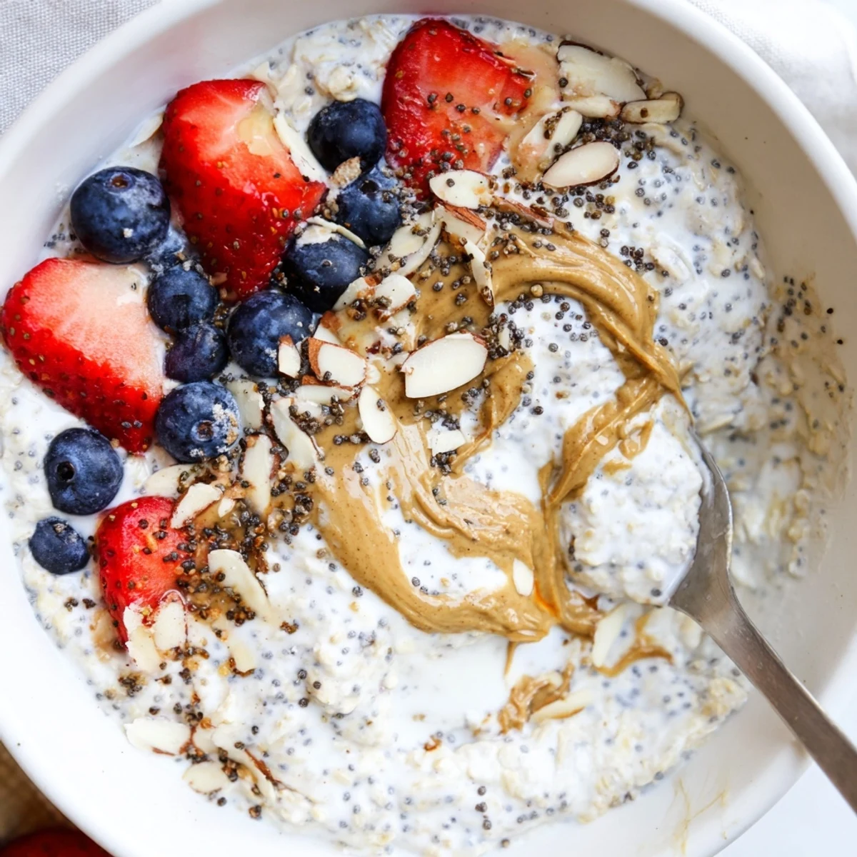 Protein Overnight Oats topped with fresh berries and crunchy nuts, chilled