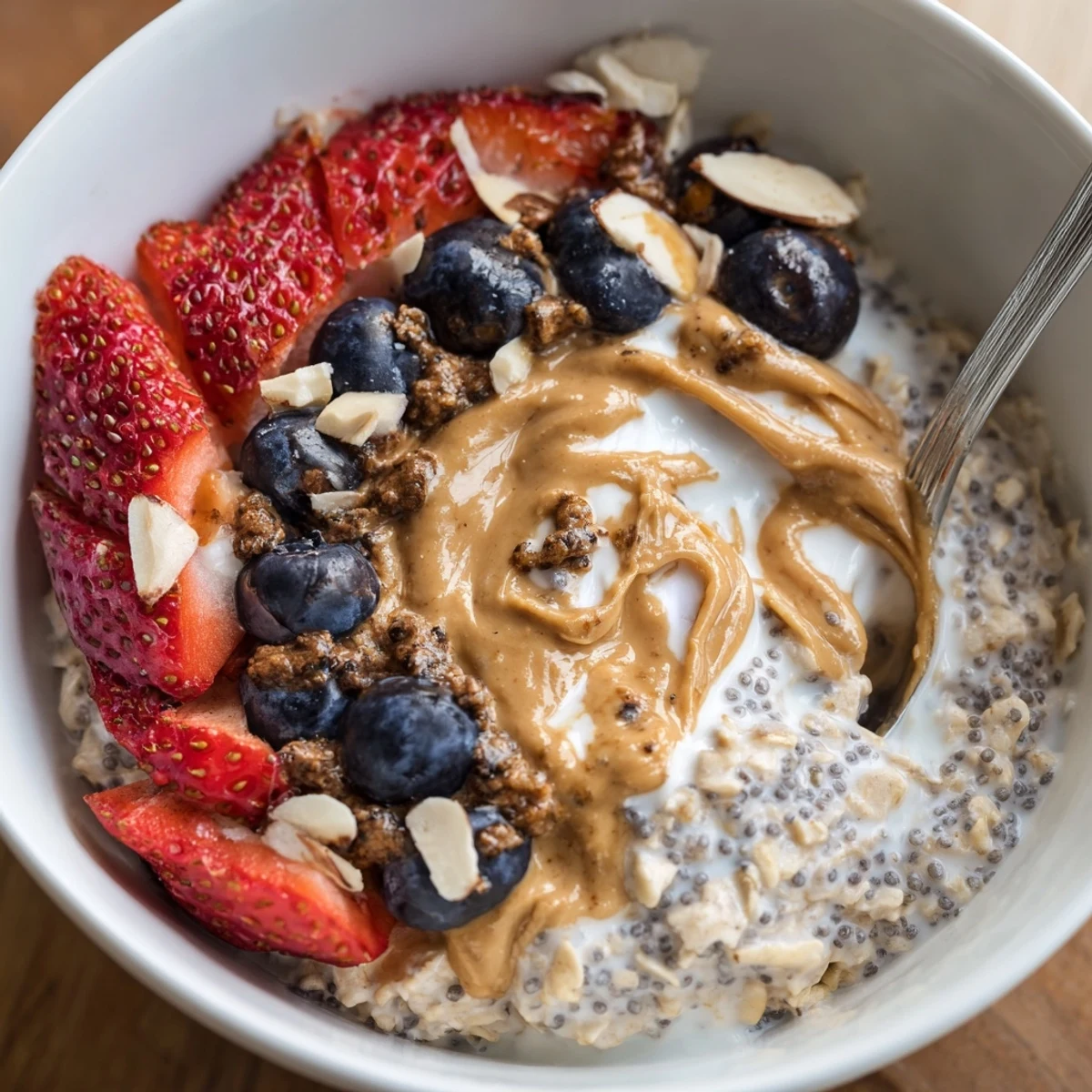Jar of Protein Overnight Oats garnished with nut butter, spoon beside