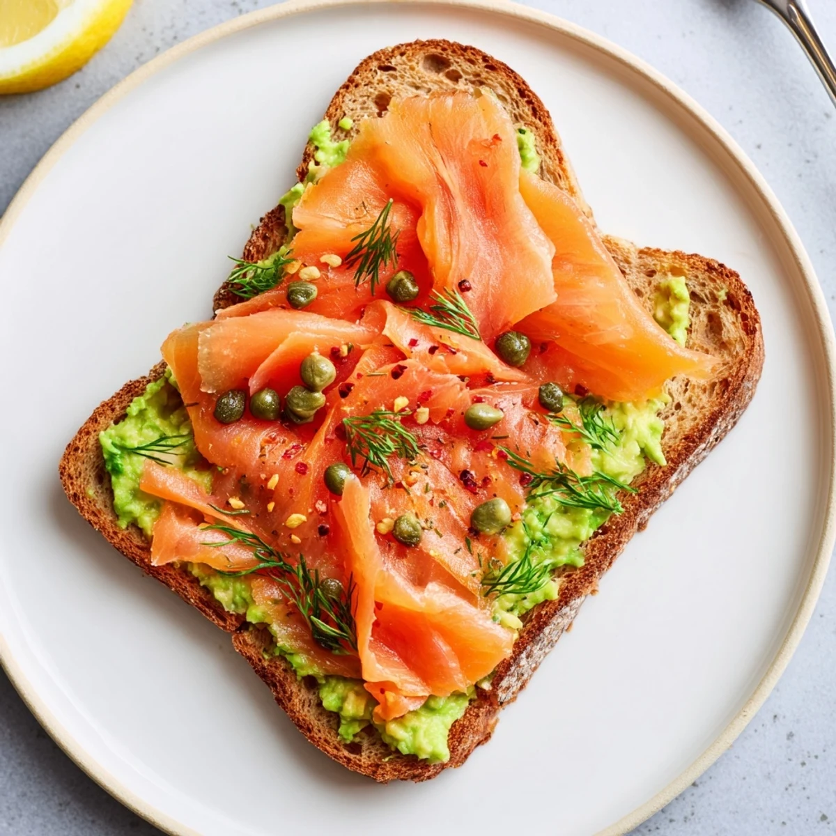 Creamy Salmon Avocado Toast on toasted sourdough, garnished with lemon wedge