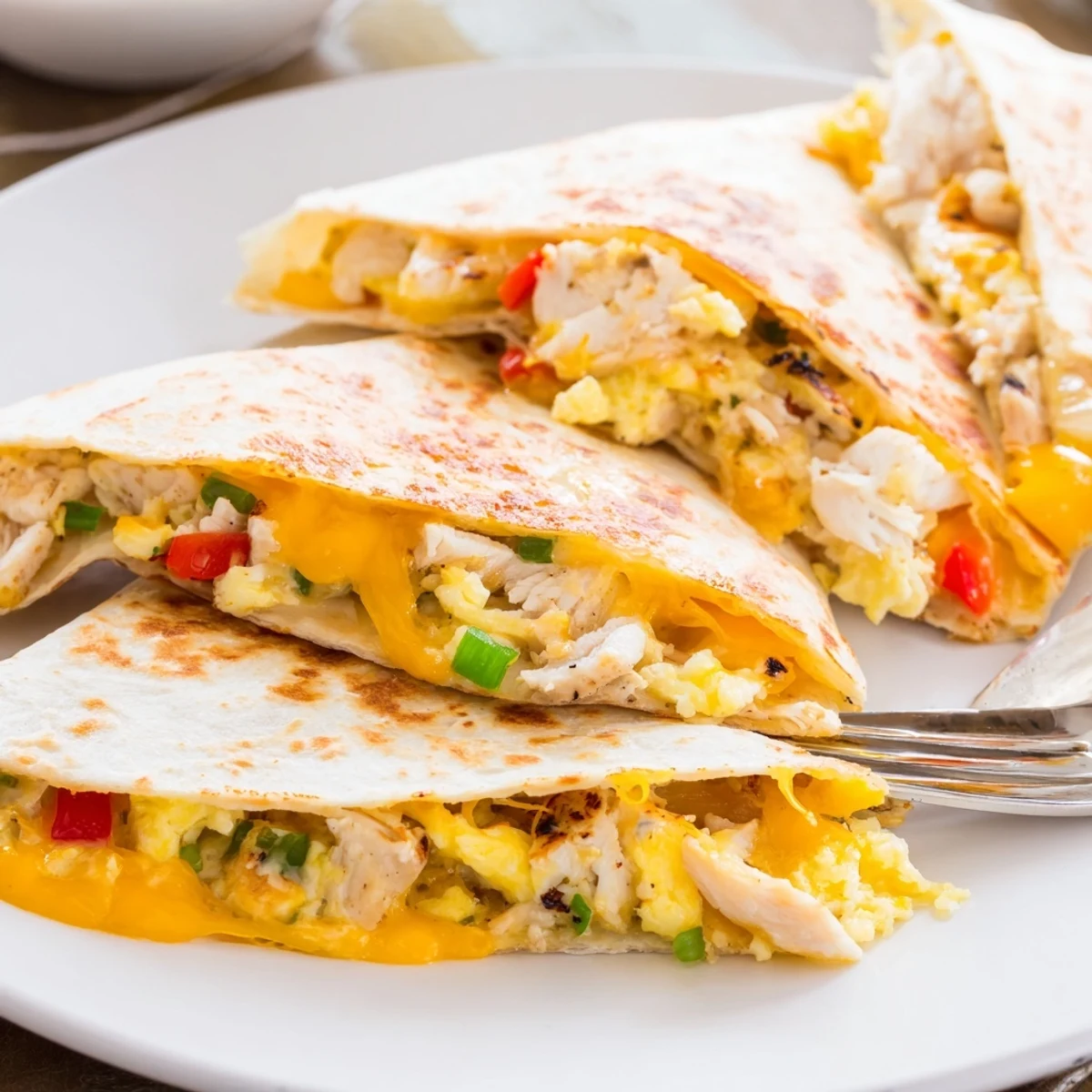 Golden-crisp Chicken Breakfast Quesadilla melting cheese, tender chicken, sliced into hot wedges
