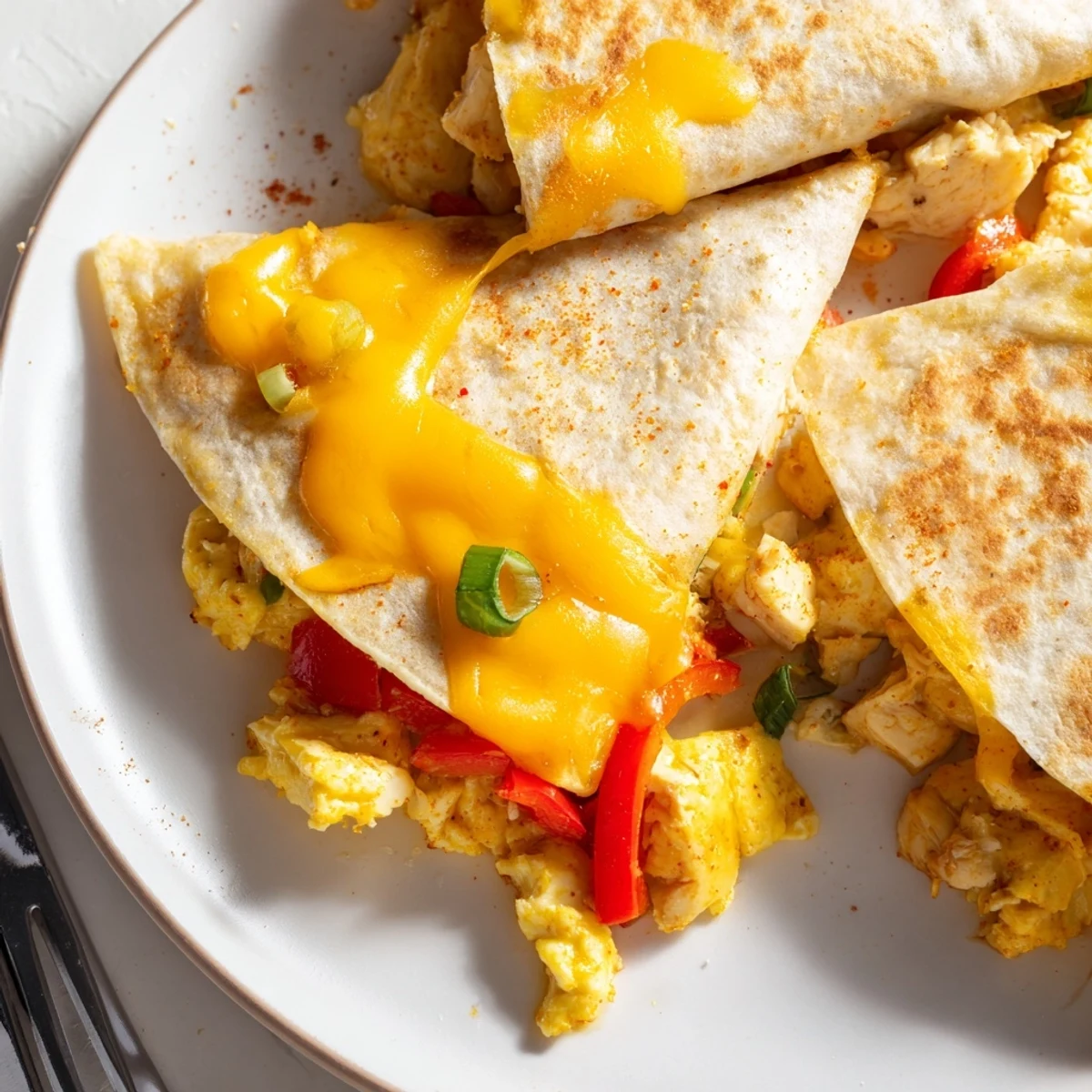 Steam-rising wedge of Chicken Breakfast Quesadilla with creamy avocado and zesty salsa