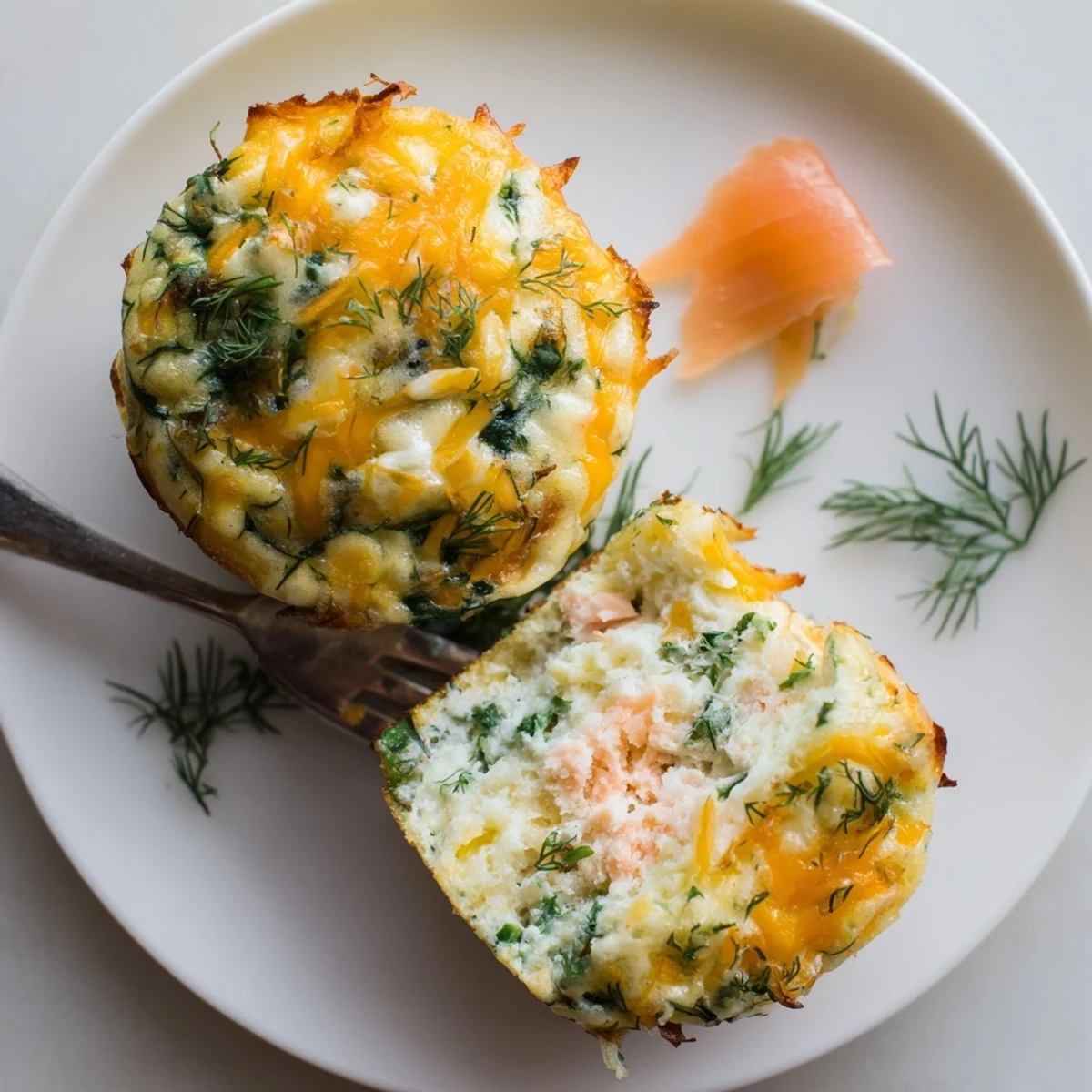 Smoked Salmon Egg Muffins steaming on a plate, golden tops, dill garnish.