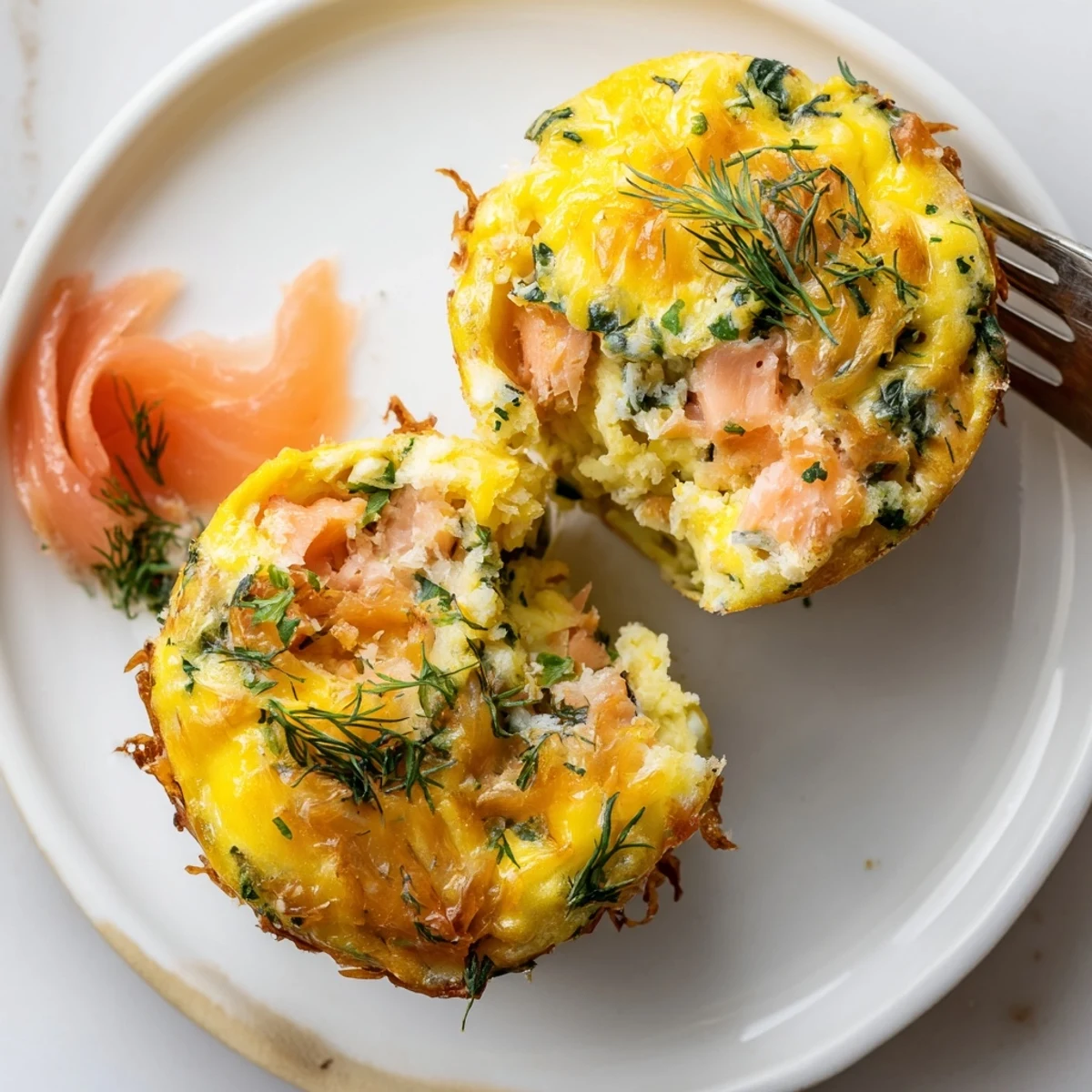 Soft warm Smoked Salmon Egg Muffins with flaky layers and melted cheese.