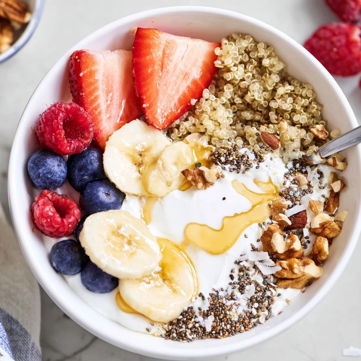 Warm bowl layered with creamy yogurt and fruit, Quinoa Breakfast Bowl.