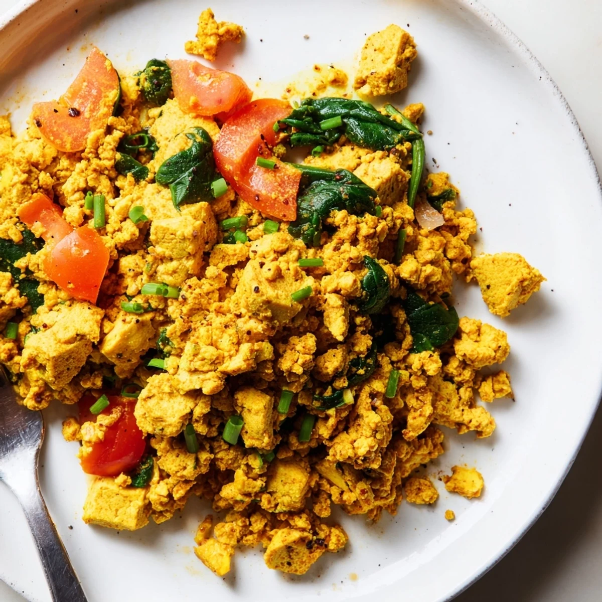 Tofu scramble sizzling in skillet with turmeric, spinach, and red pepper